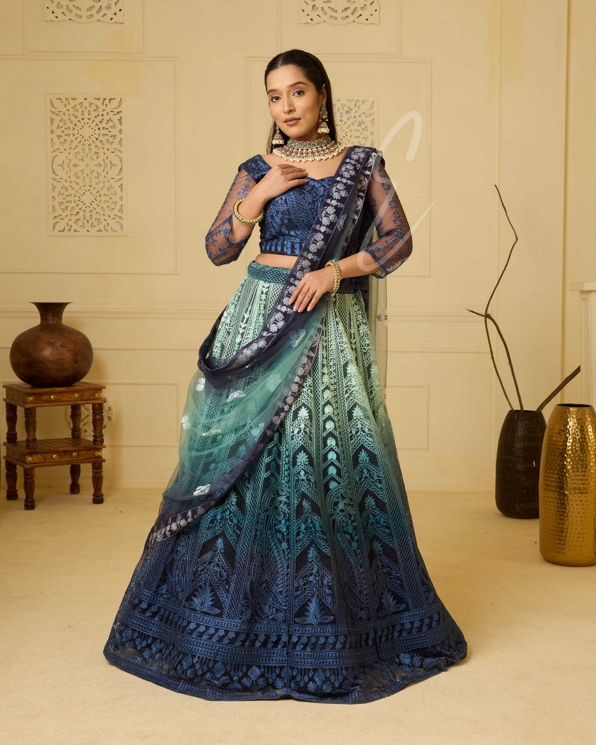  teal and dark blue lehenga