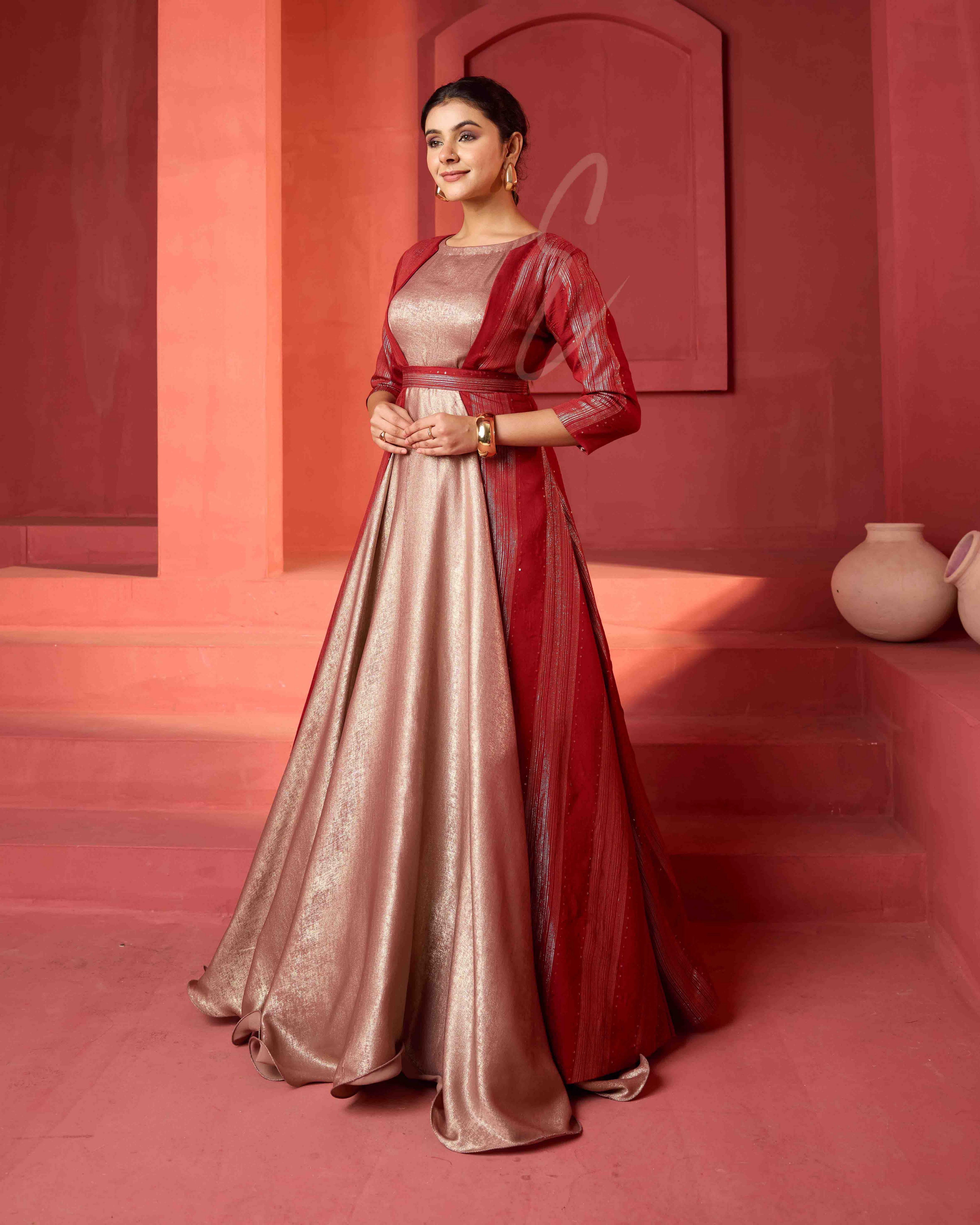 A rose gold silky velvet gown
