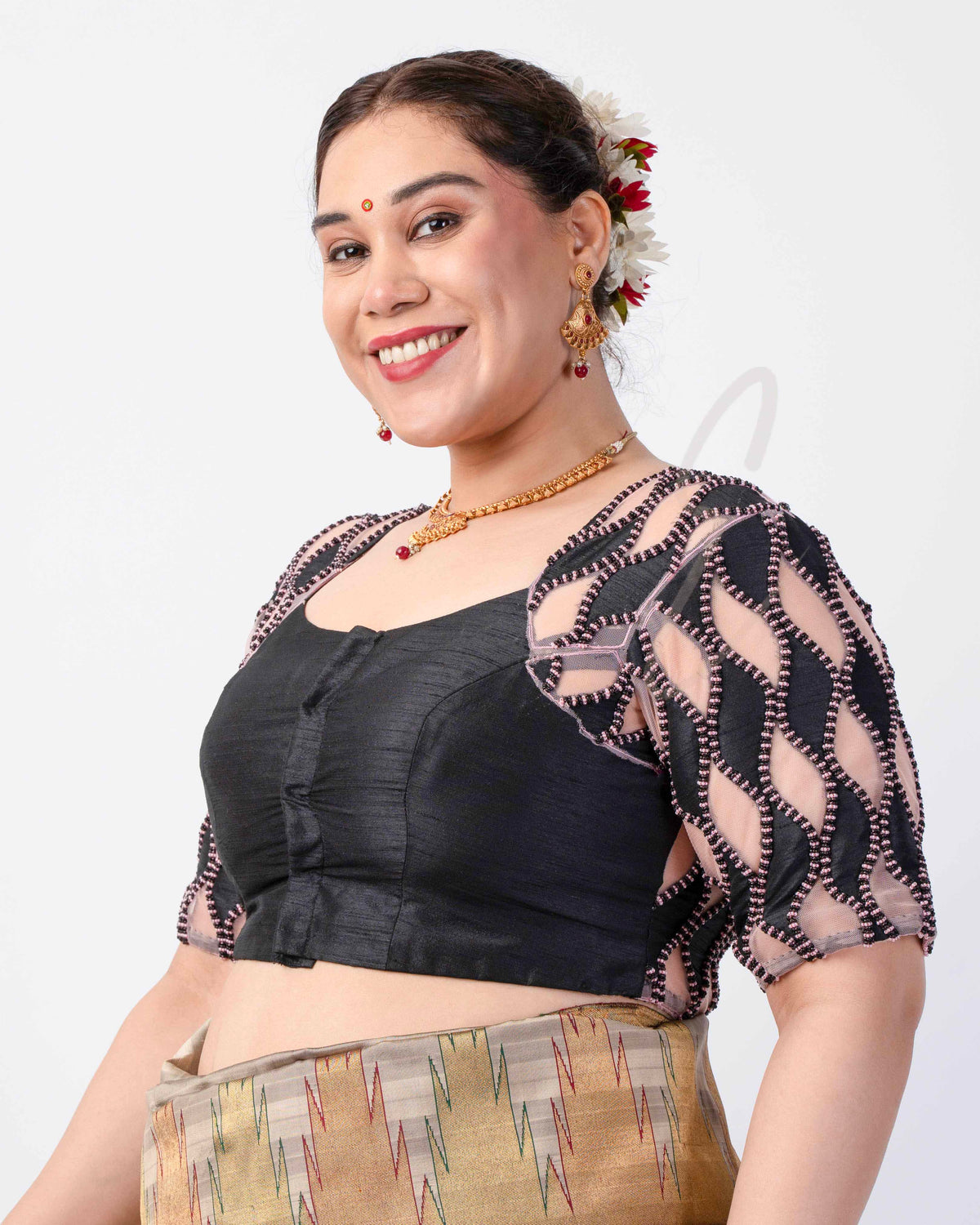 Black Raw Silk with Net Blouse