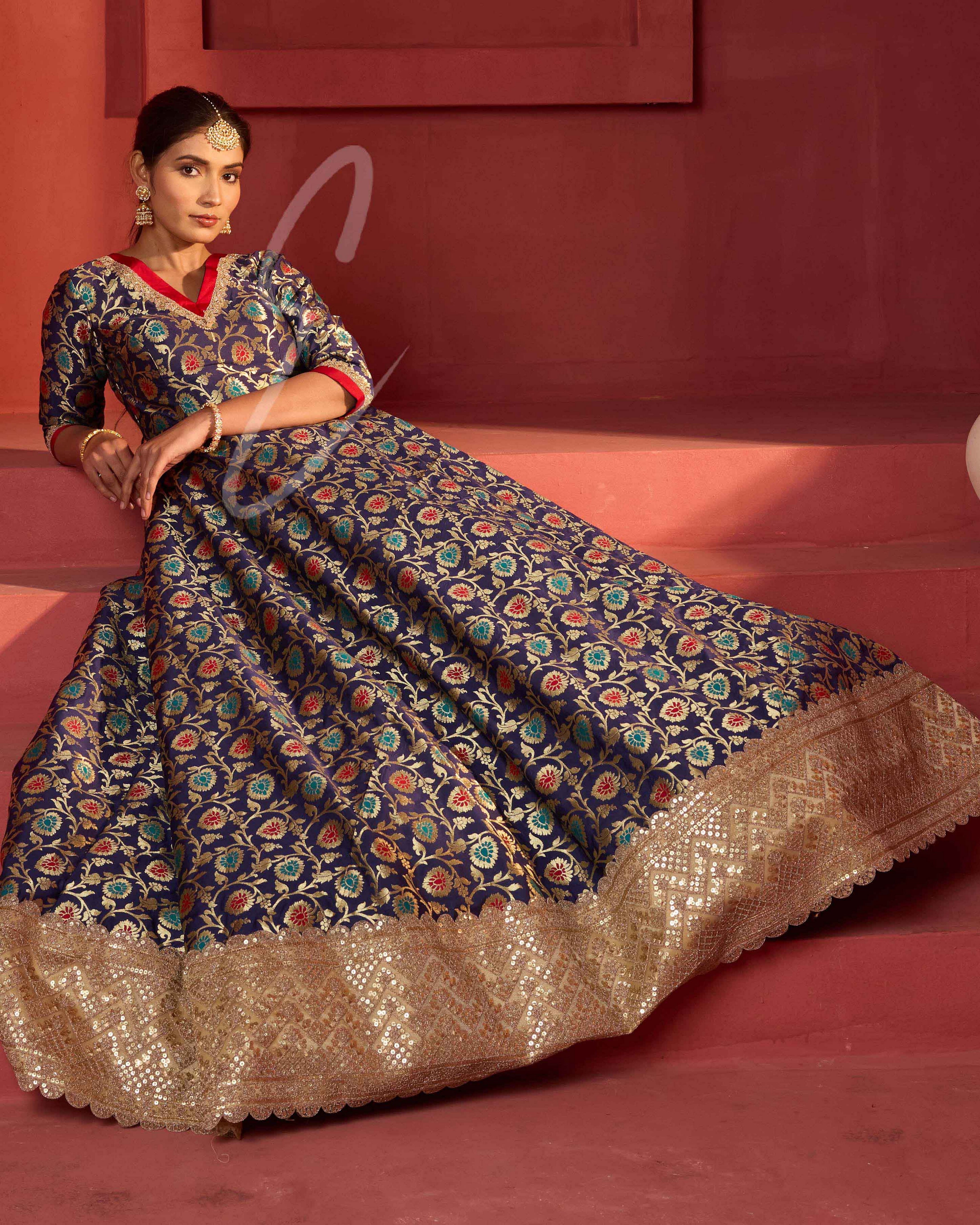 This dark blue Banarasi silk gown