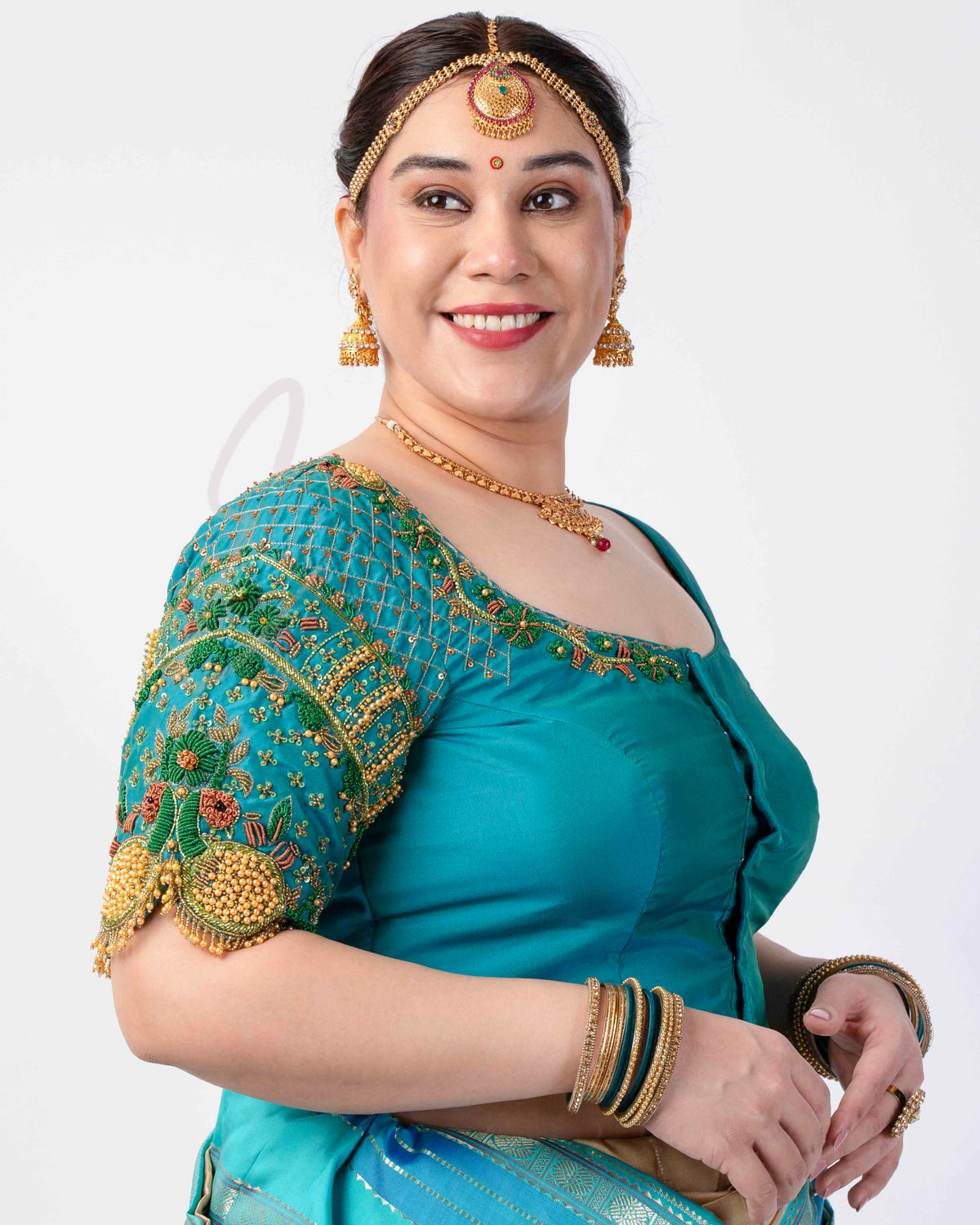 Rama Blue Silk Cotton with Net Blouse