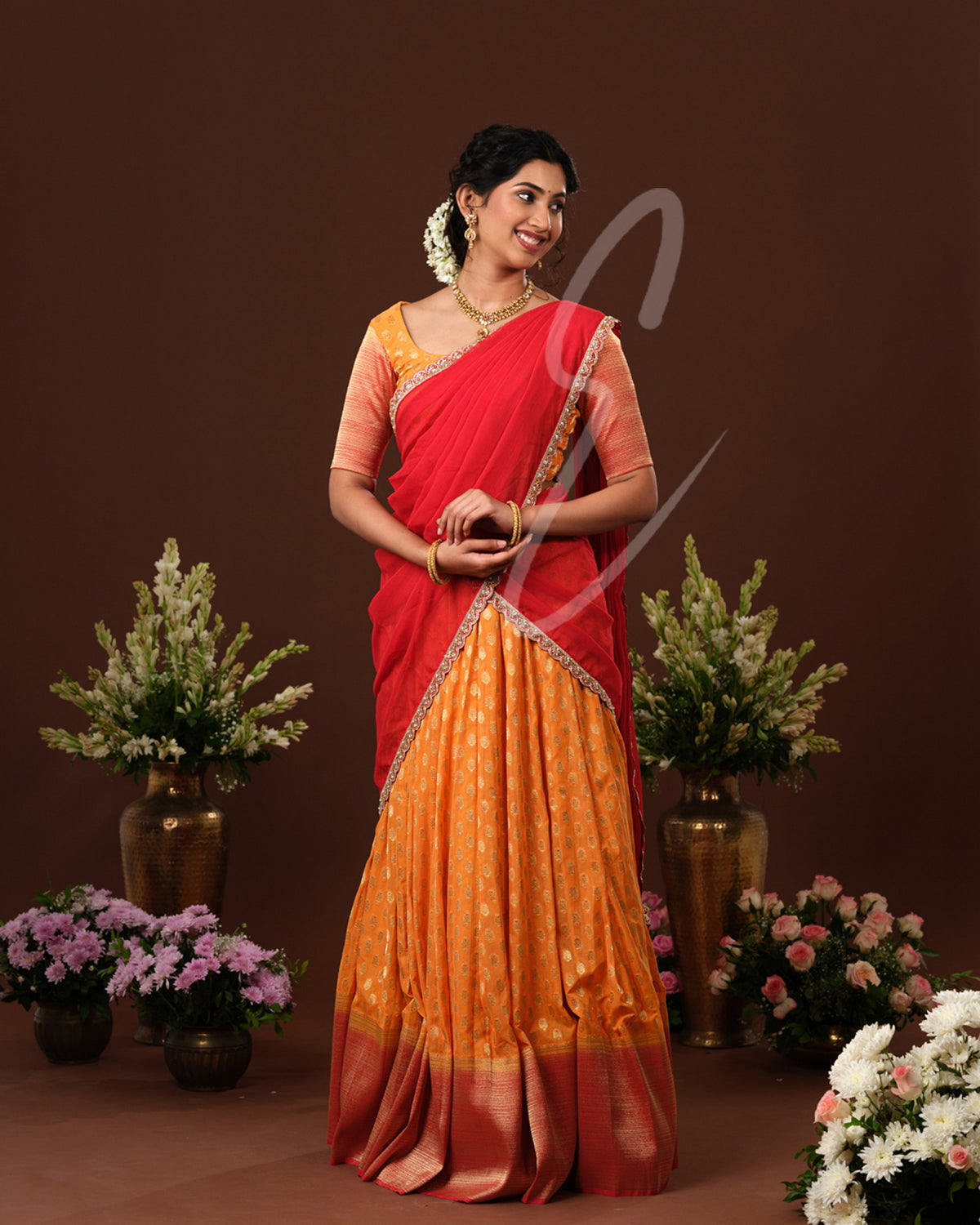 Vibrant orange and red Banarasi Georgette outfit