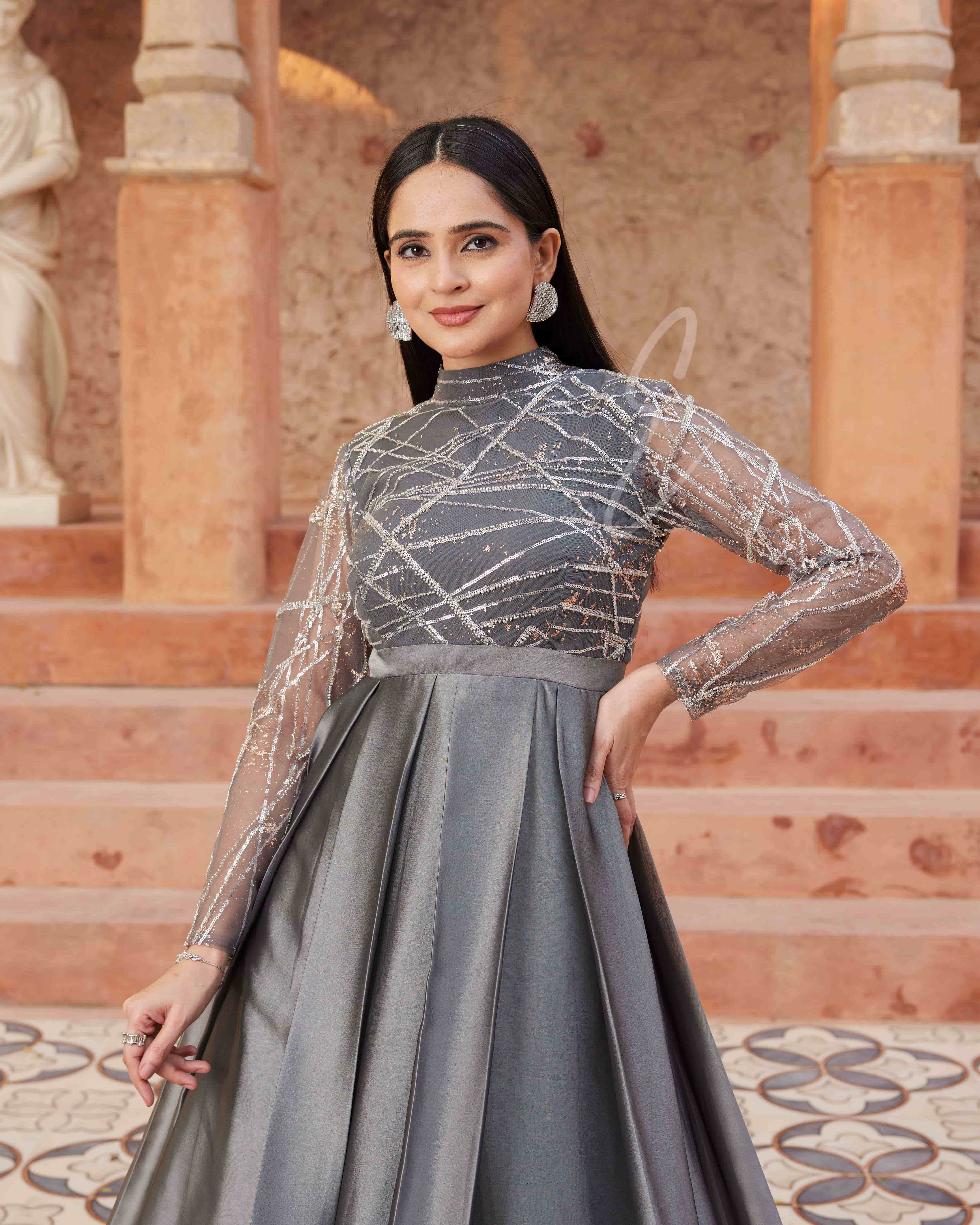 Grey Pleated Flared Gown