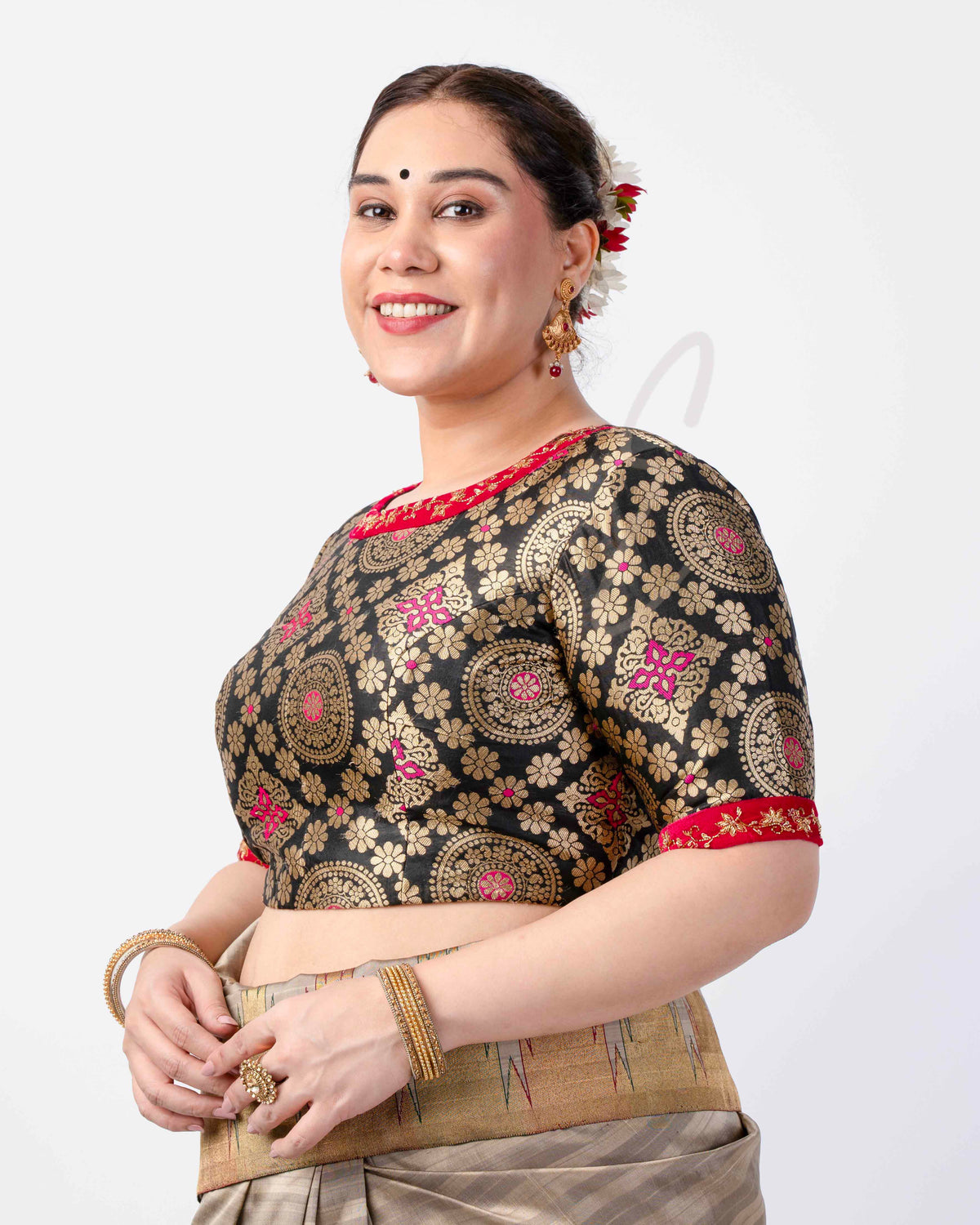 black Banarasi silk blouse crafted with raw silk and velvet