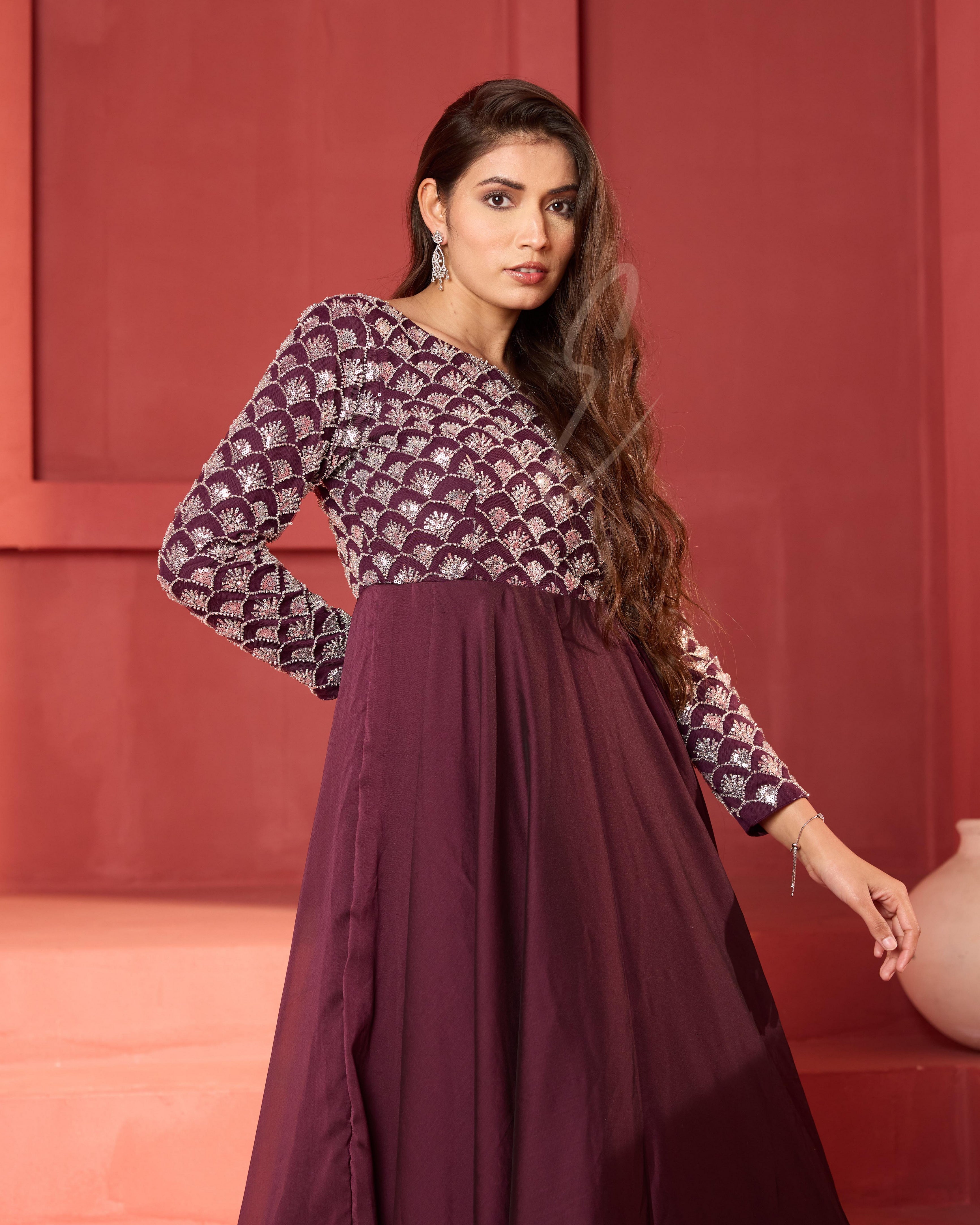 A wine-coloured georgette silk gown