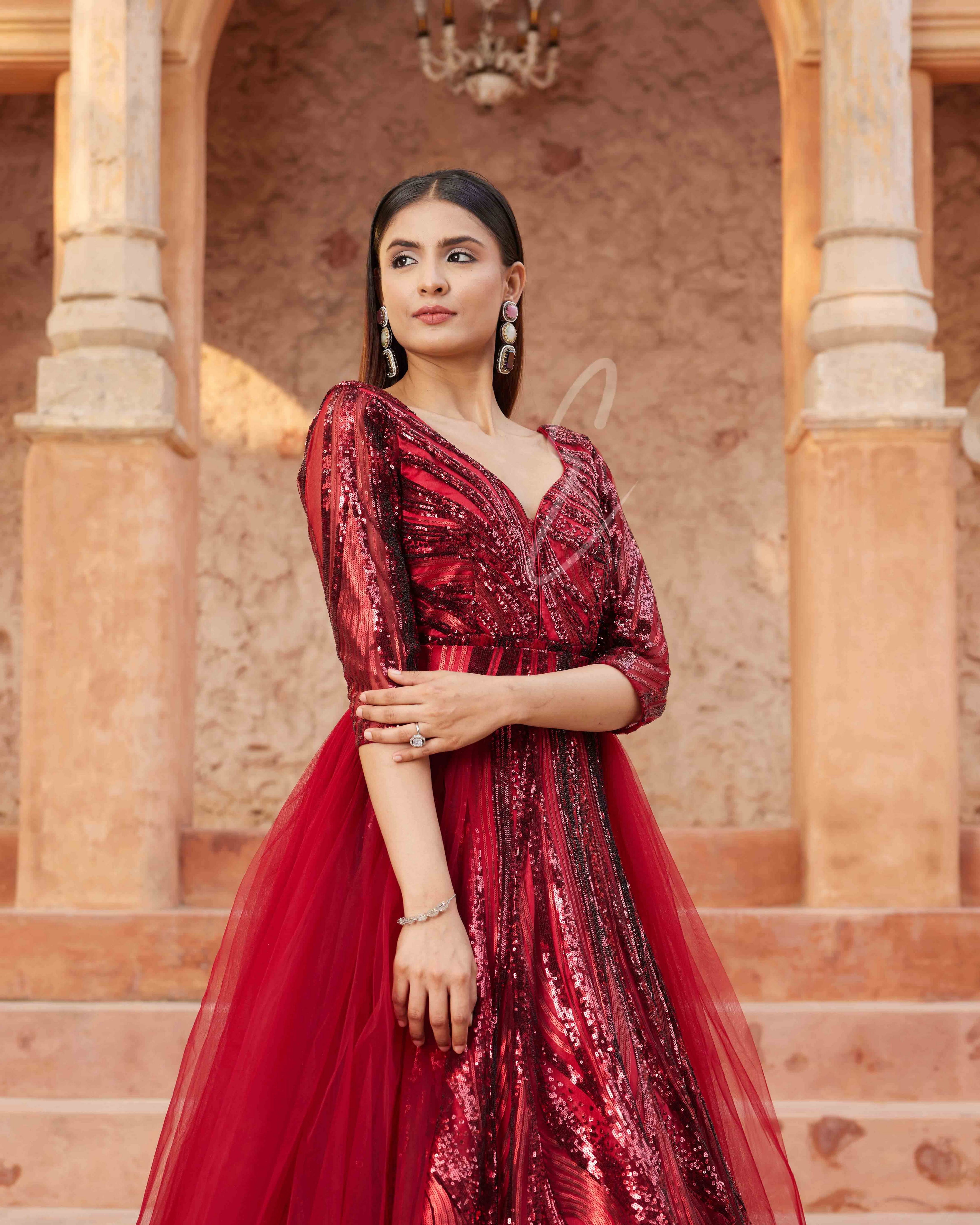 Maroon Flared Gown made from Premium Net Fabric
