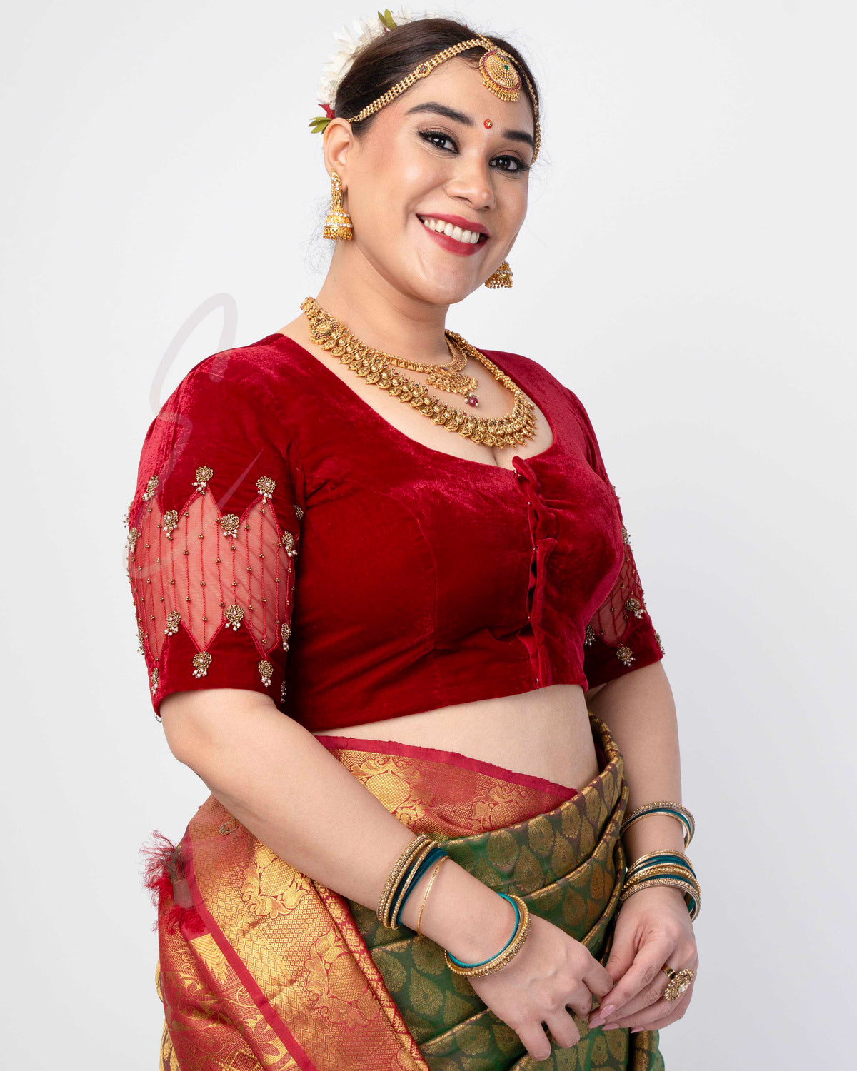 A maroon blouse