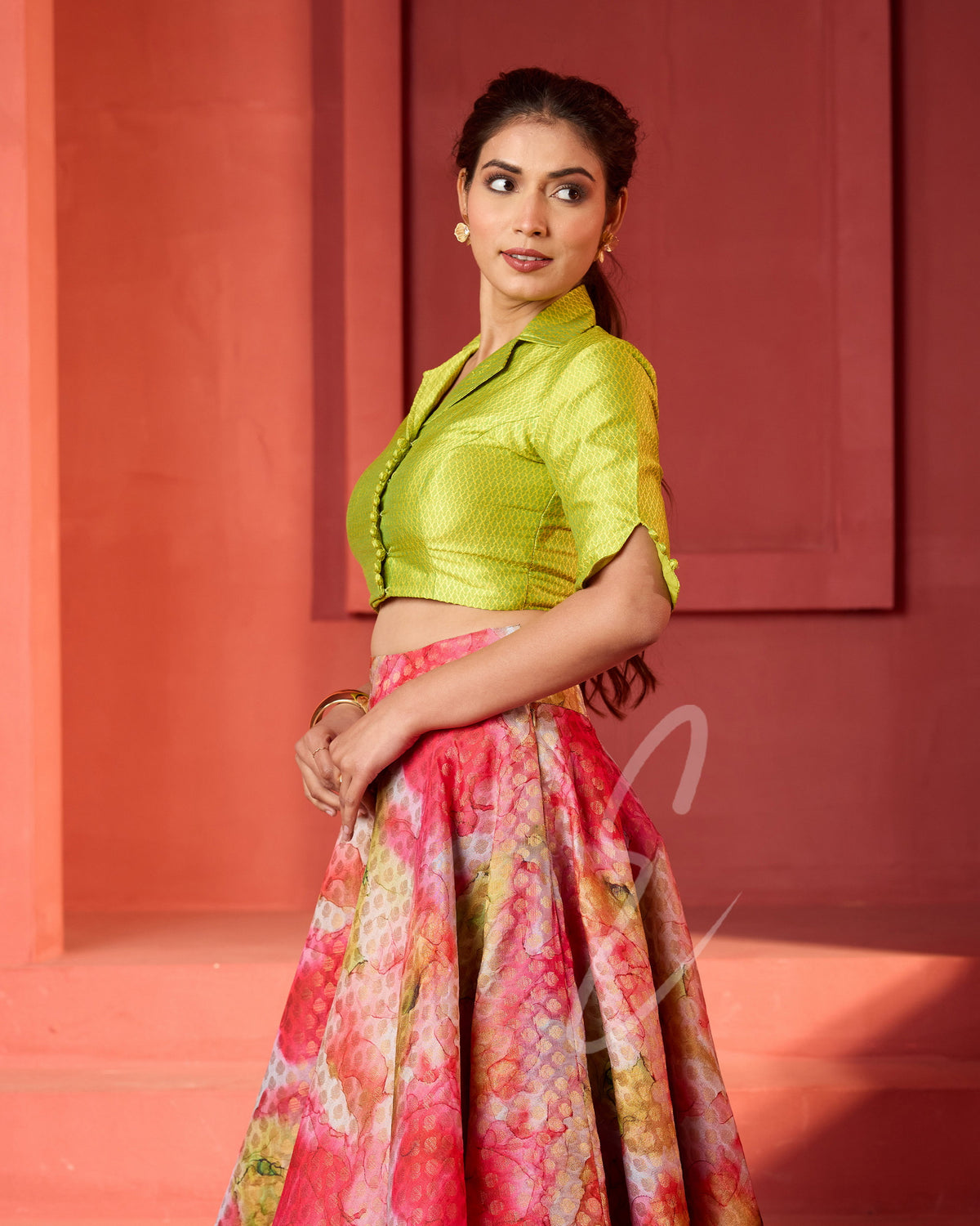 Banarasi-style flared lehenga with lime green silk blouse