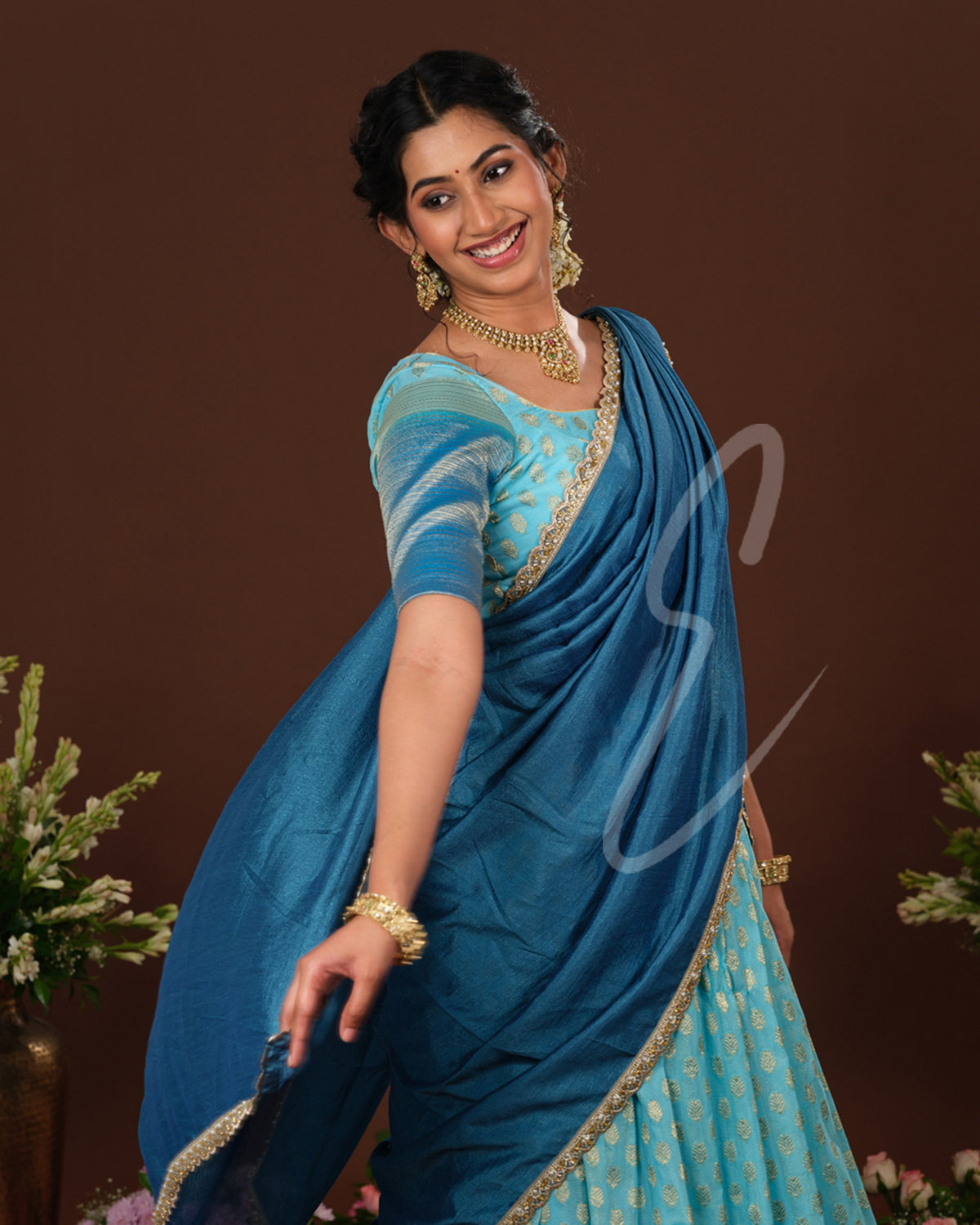 Stunning sea blue and rama blue Banarasi Georgette