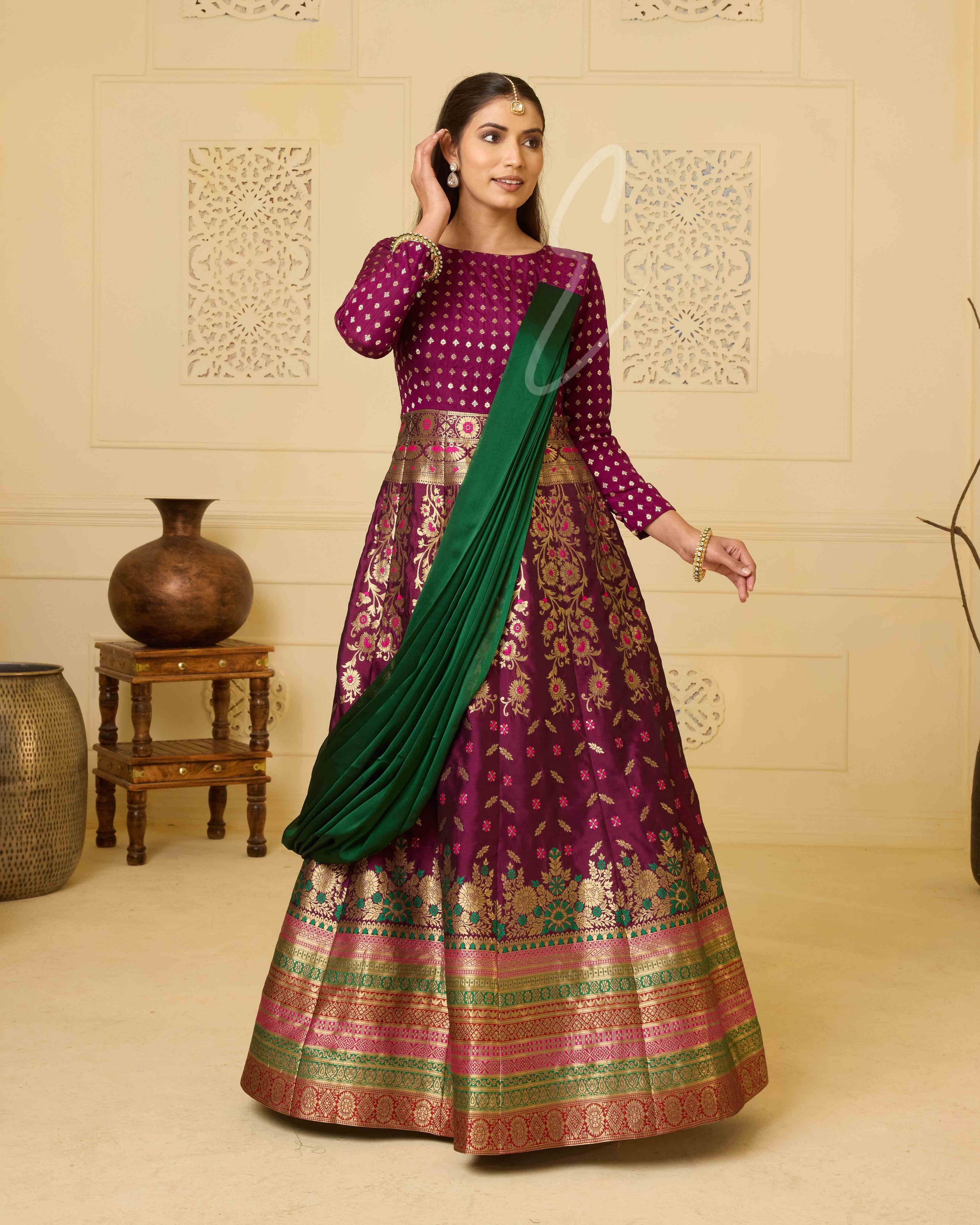 A wine Banarasi silk gown