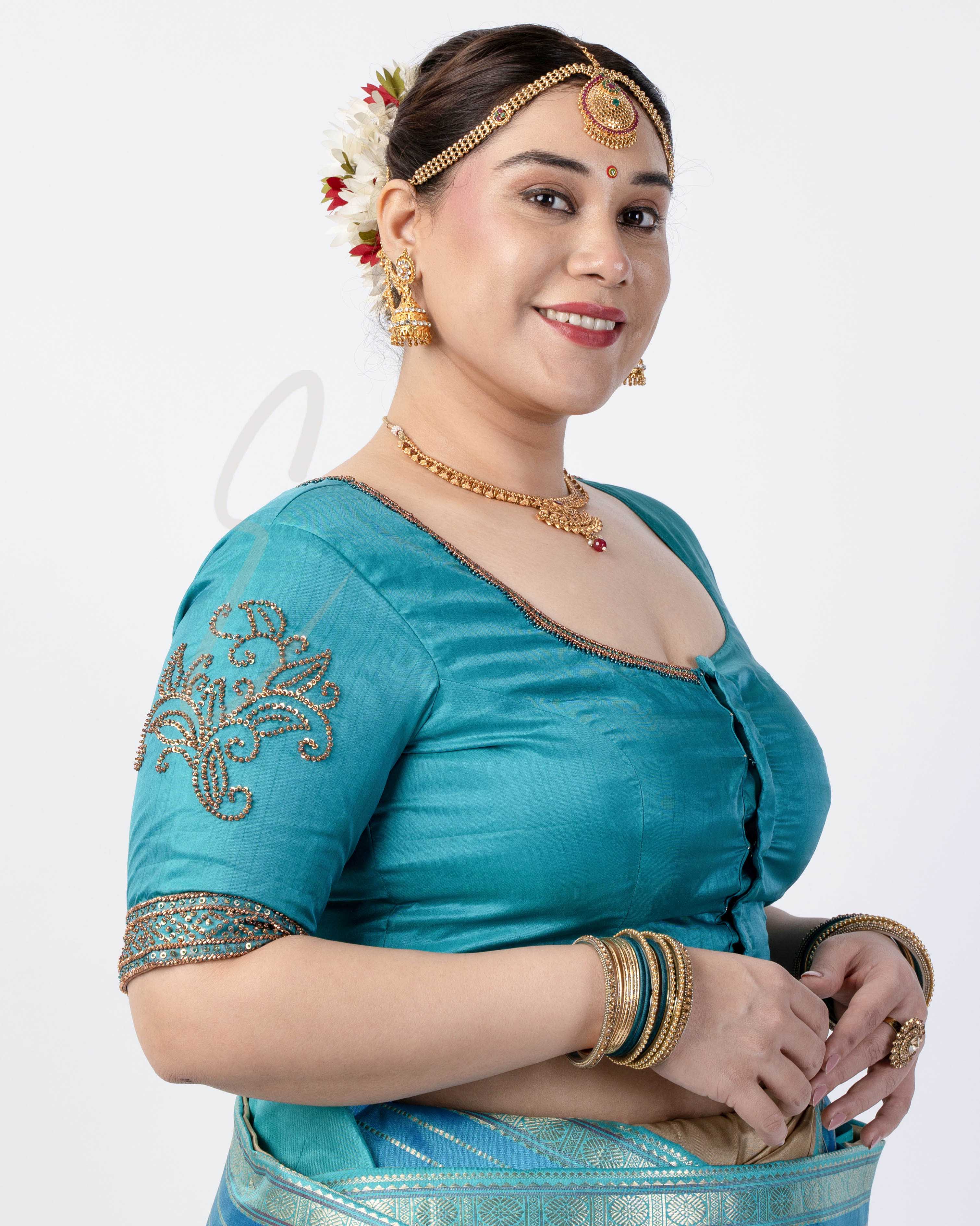 A blue silk cotton net blouse