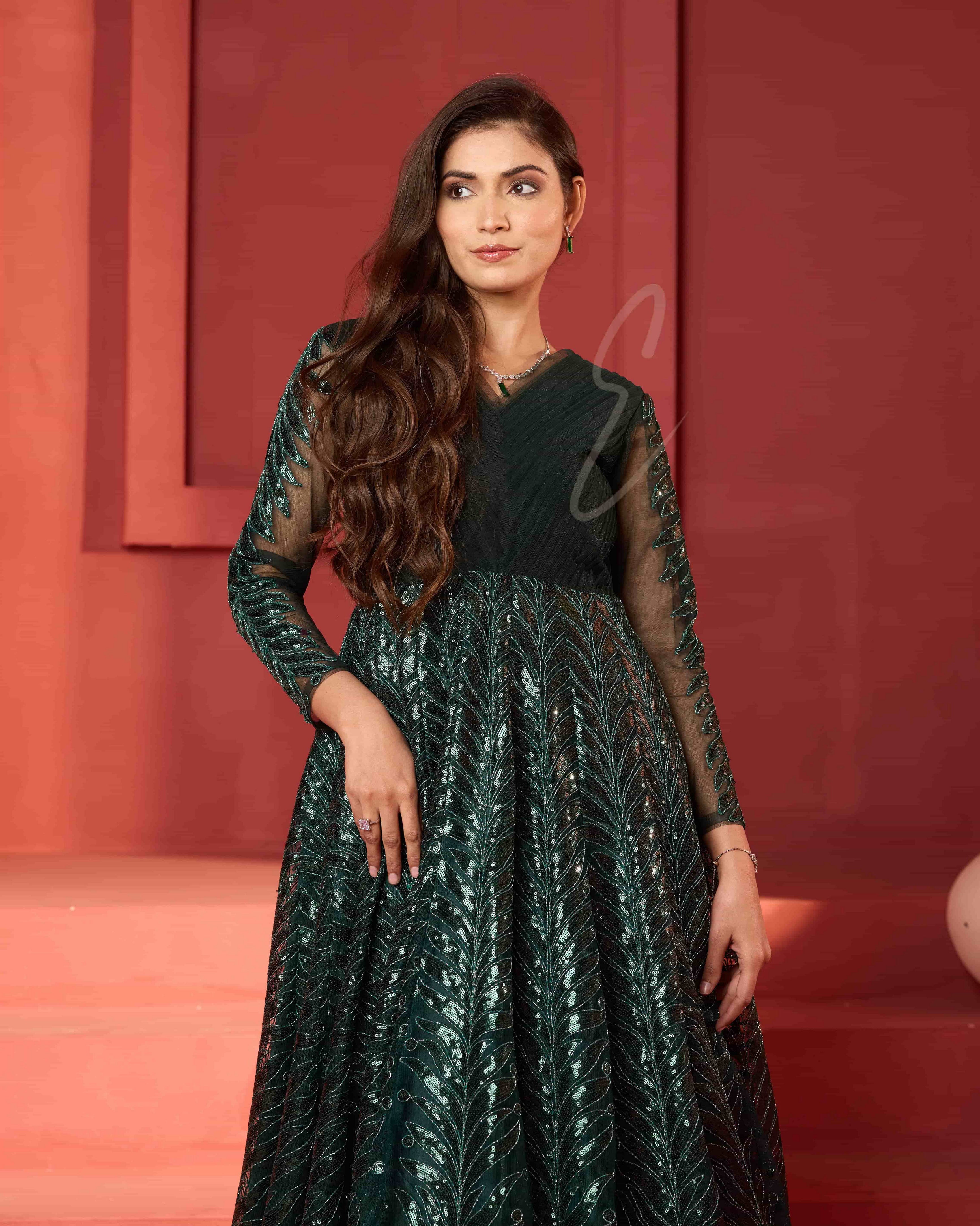 A dark green premium net gown