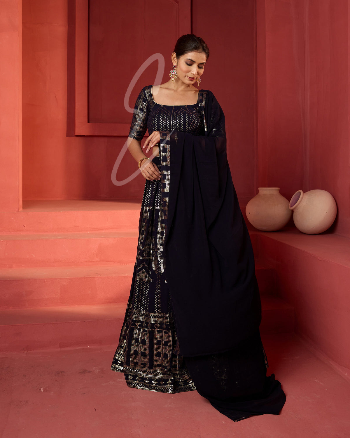 A dark blue lehenga