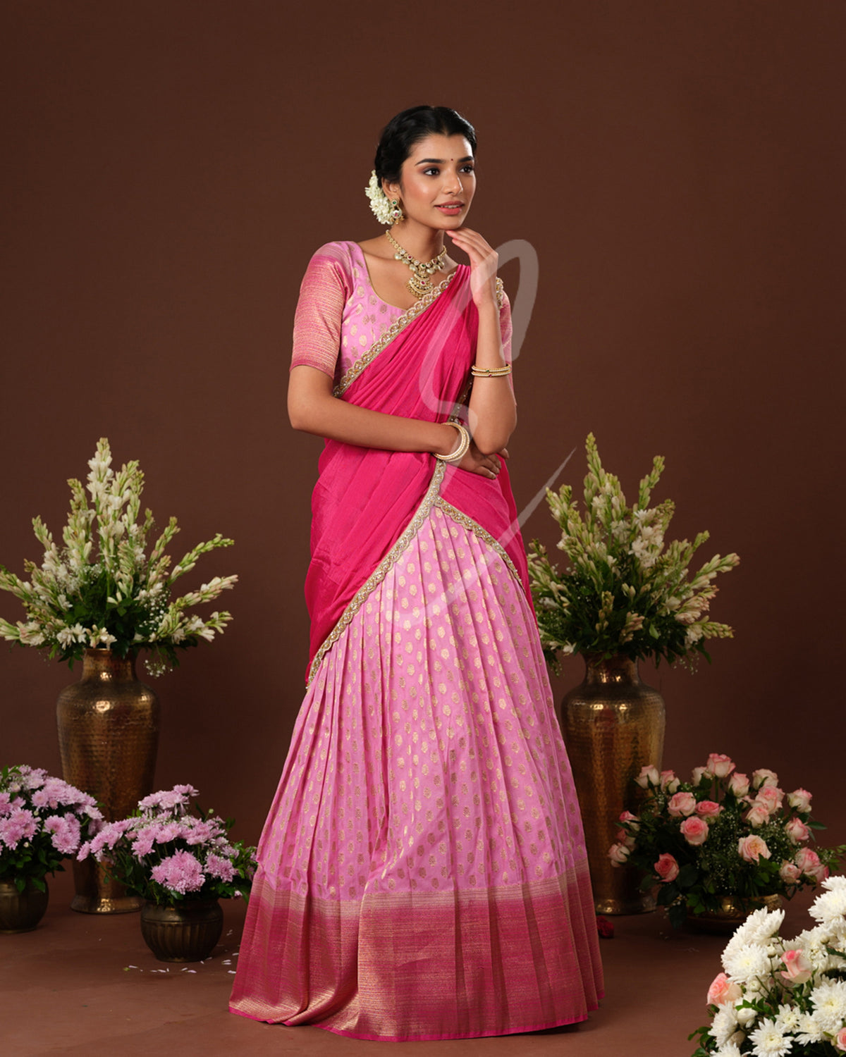 Soft and elegant light pink and dark pink Banarasi Georgette outfit