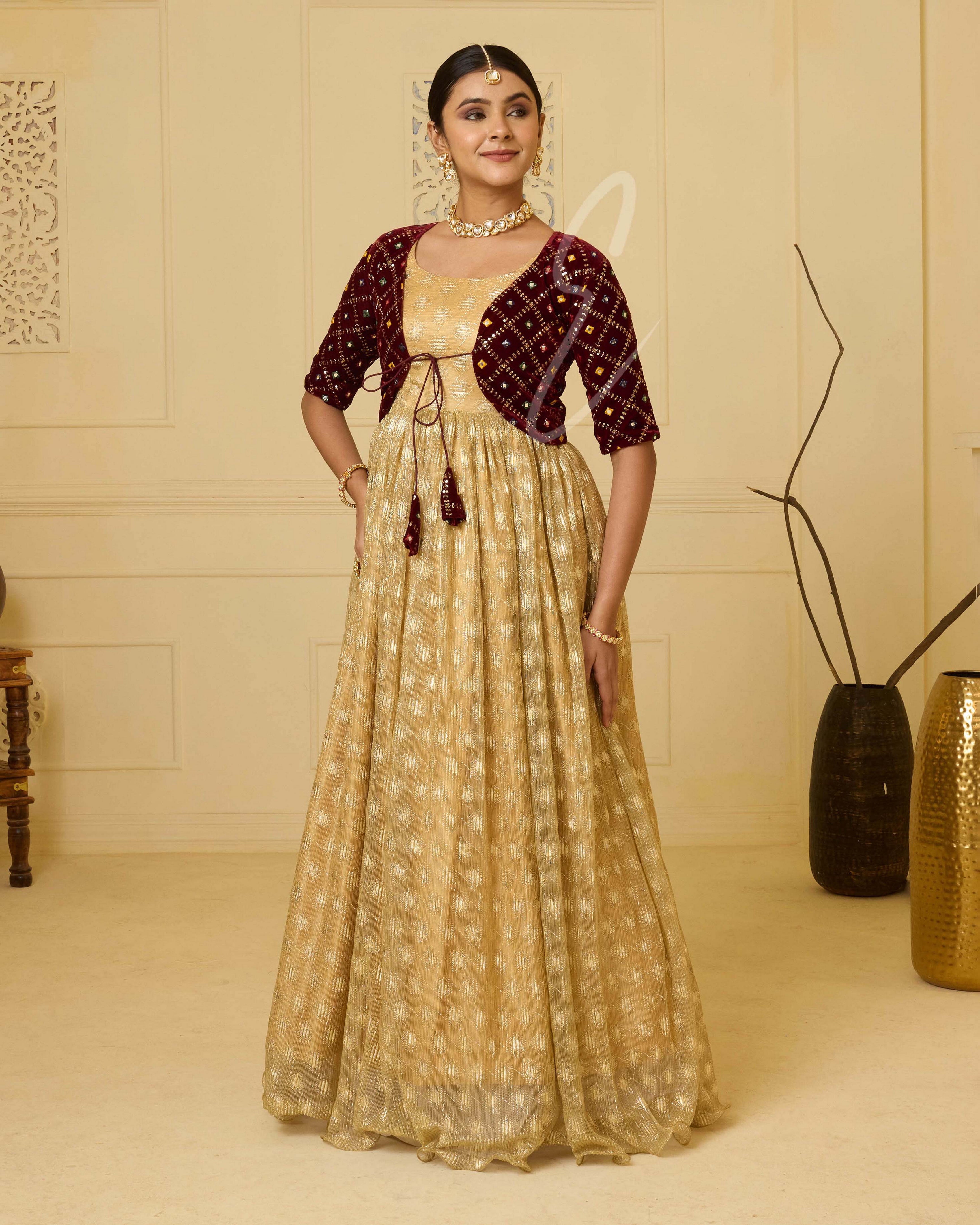 A golden shimmer georgette gown