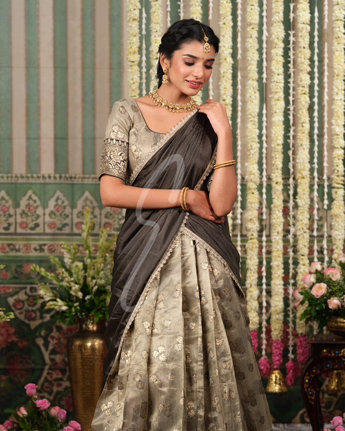 Luxurious golden and dark grey Tissue Banarasi outfit