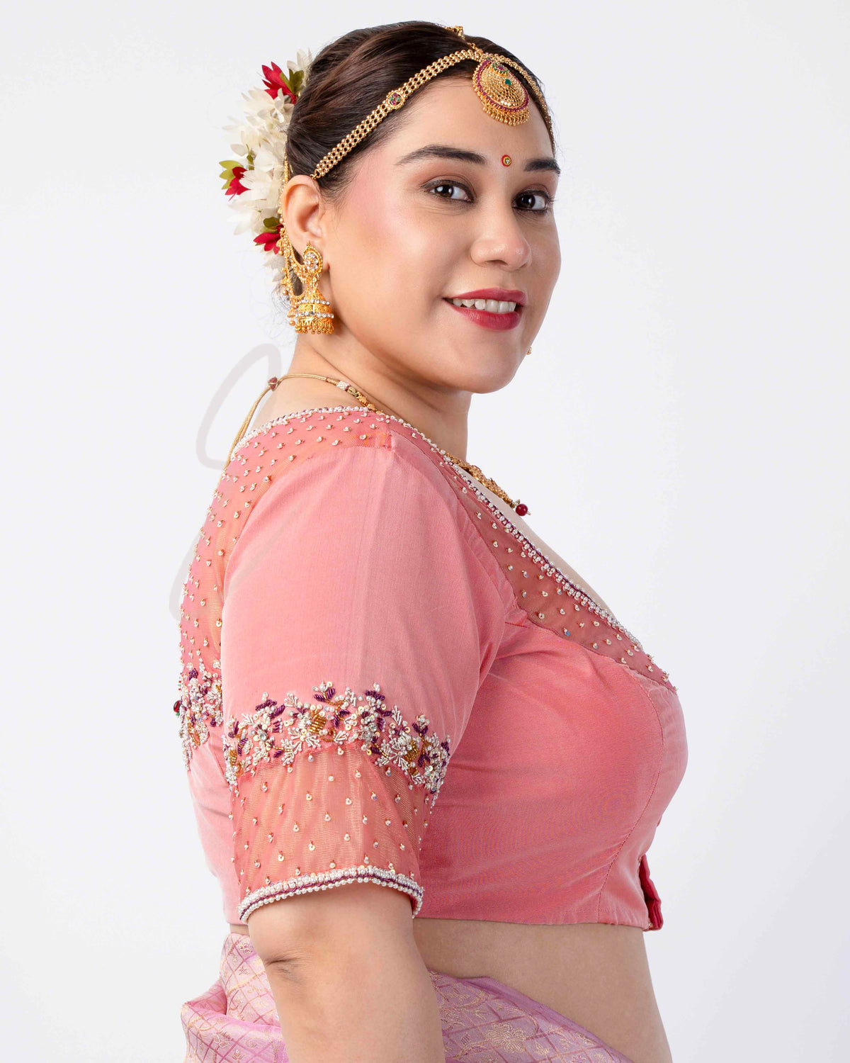 Salomen Pink Silk Cotton with Net Blouse