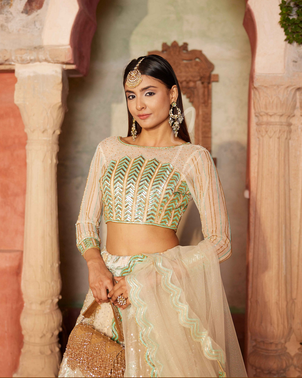 Cream & Sea-green Lehenga