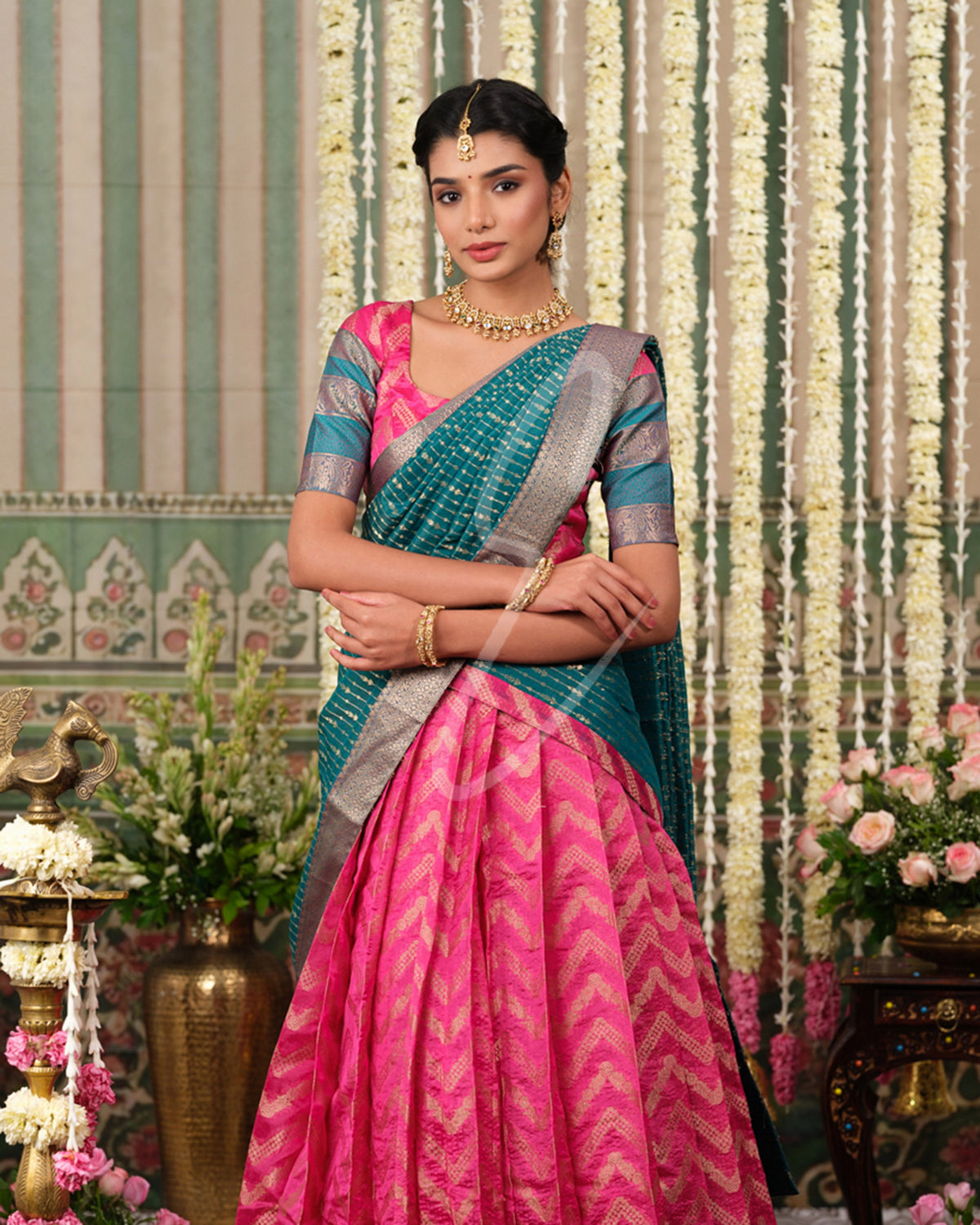 A beautiful pink and rama green silk cotton outfit that looks rich and elegant