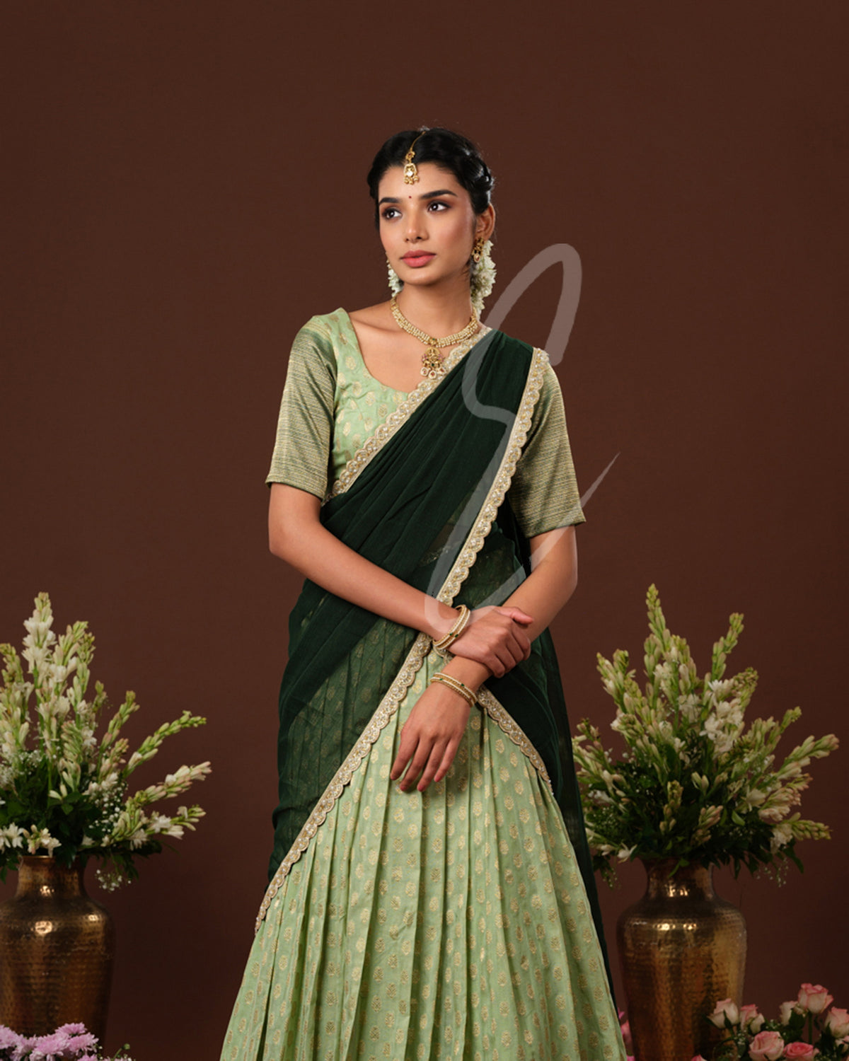 Refreshing mint green and dark green Banarasi Georgette outfit