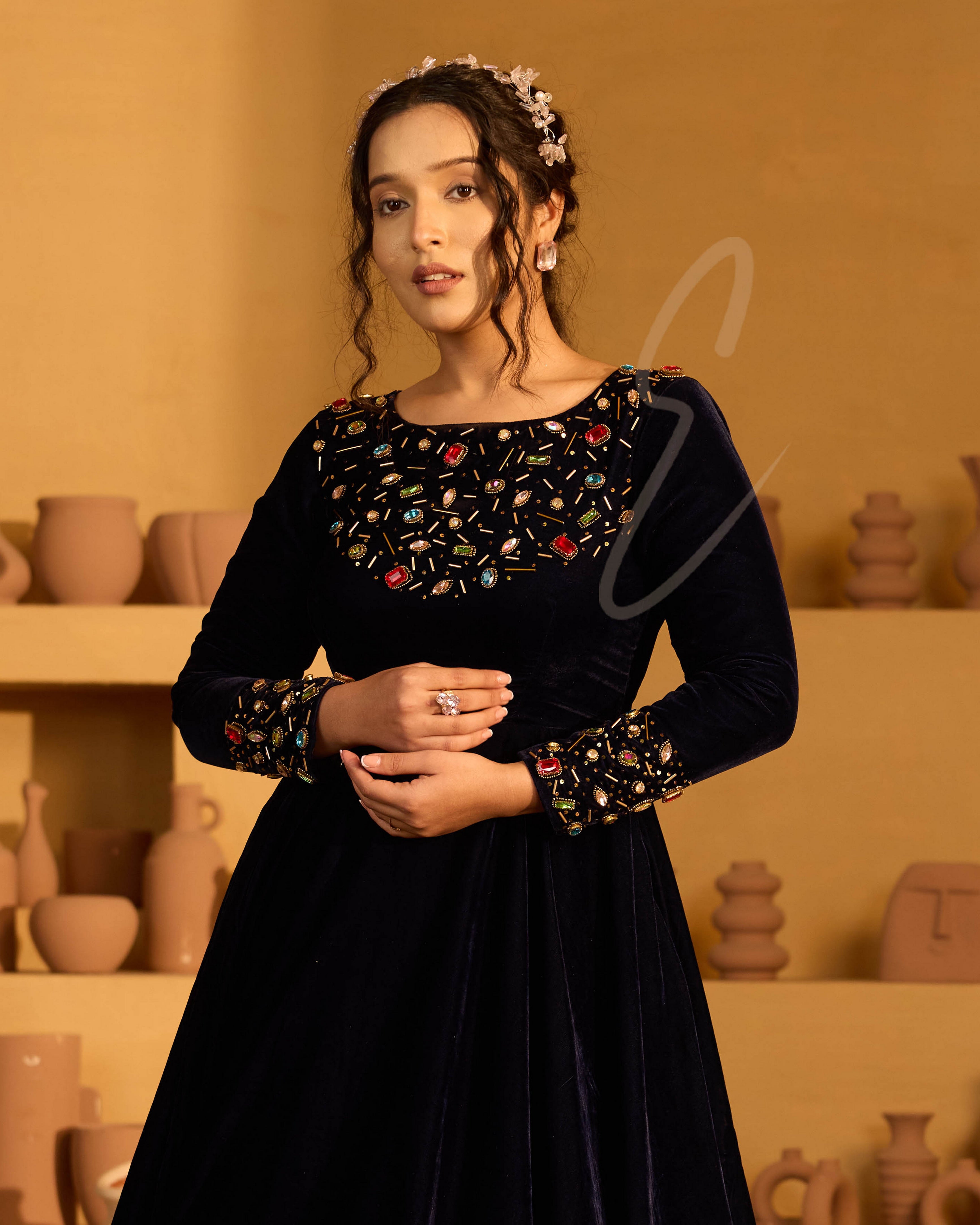 A navy blue velvet gown