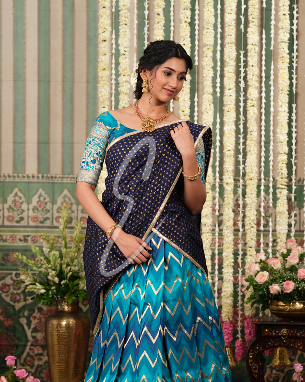 Luxurious Rama green and blue Banarasi silk outfit