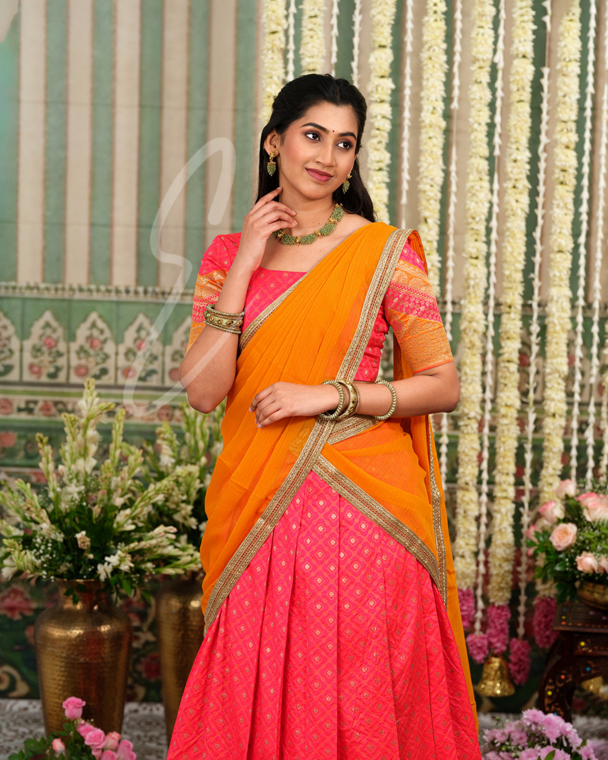Beautifully woven Gajri pink Banarasi silk half saree