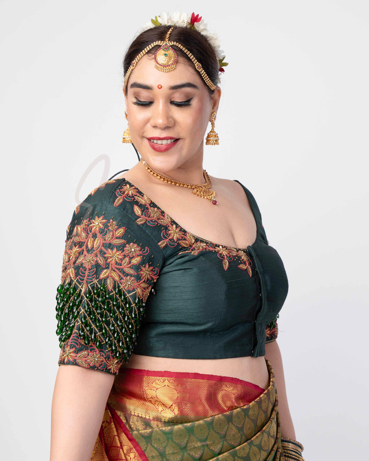 Dark Green Raw Silk Blouse