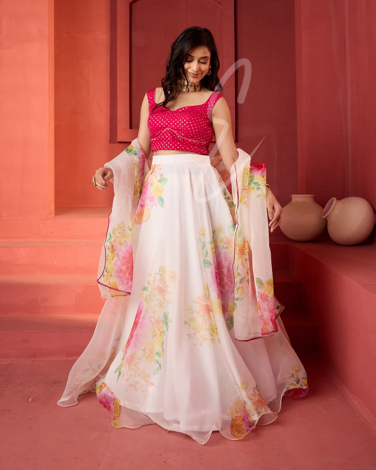 white lehenga floral printed finish