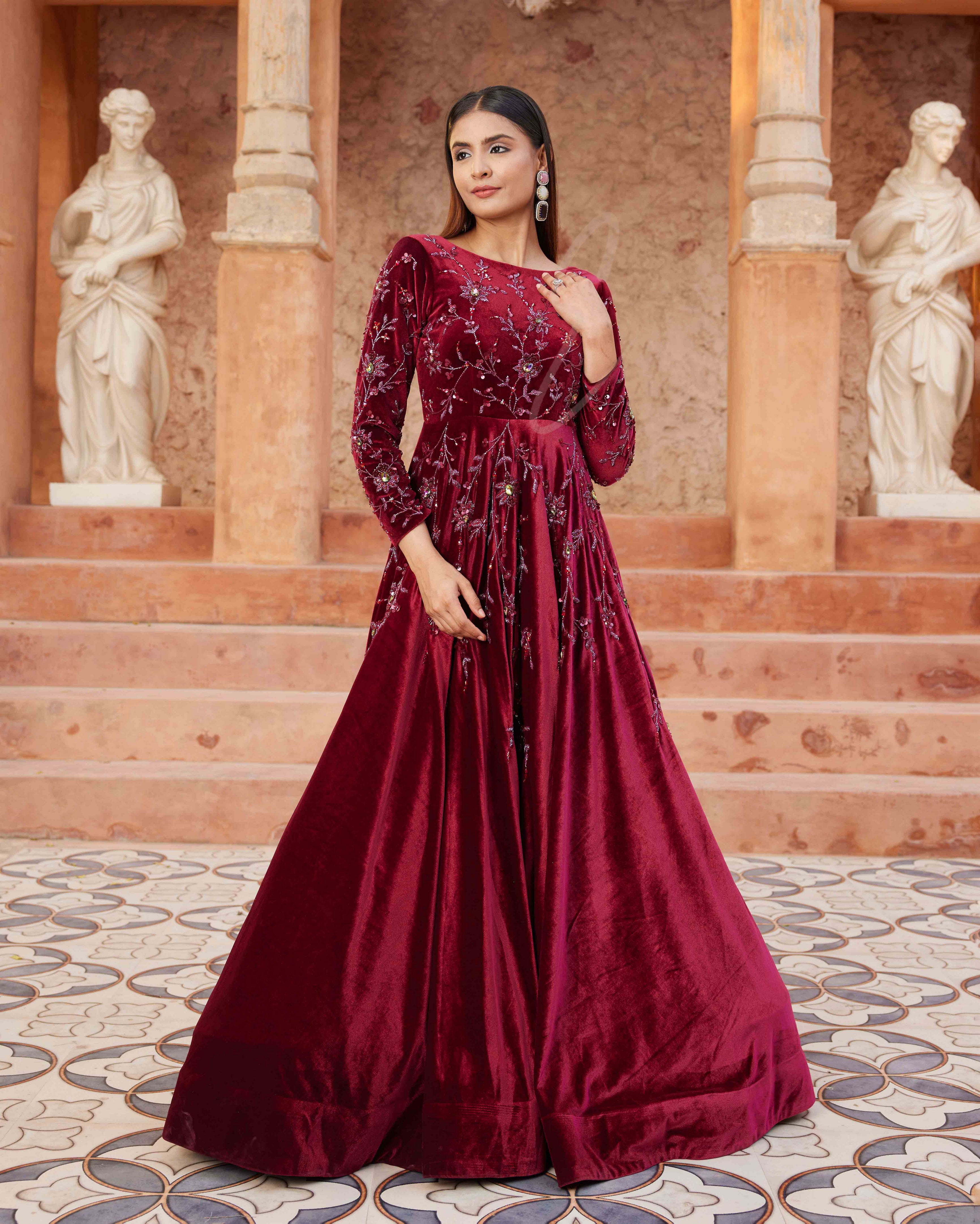 Maroon Flared Gown Crafted From Luxurious Premium Velvet