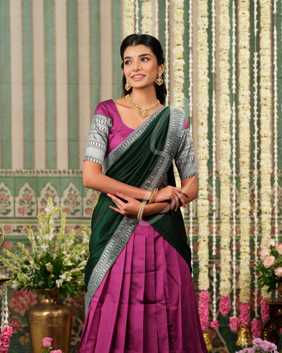 Wine-colored Banarasi silk Half Saree with dark green and silver jari work