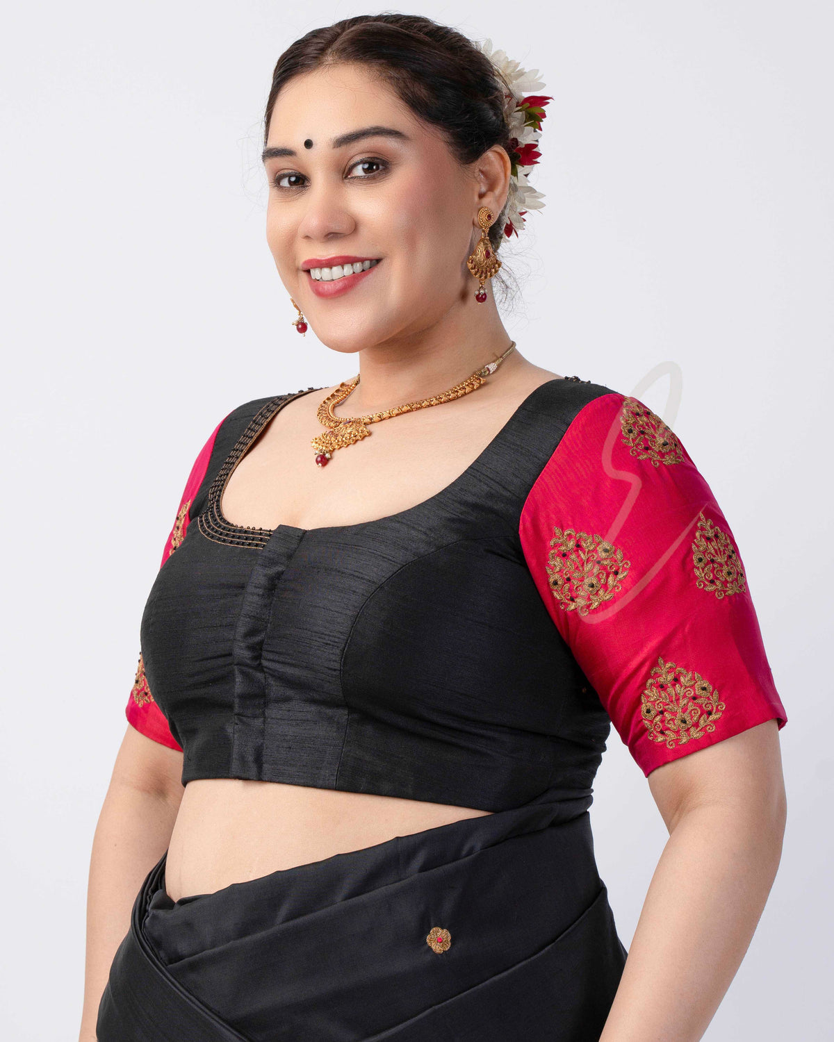 classic black and pink blouse crafted from raw silk