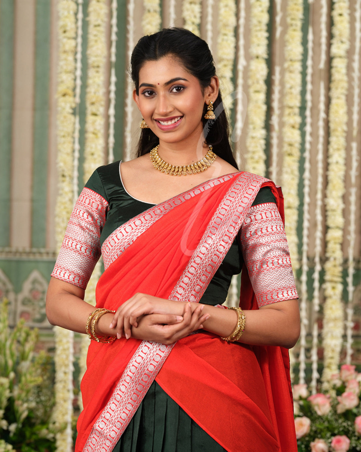 Dark green Banarasi silk Half Saree with intricate orange jari work