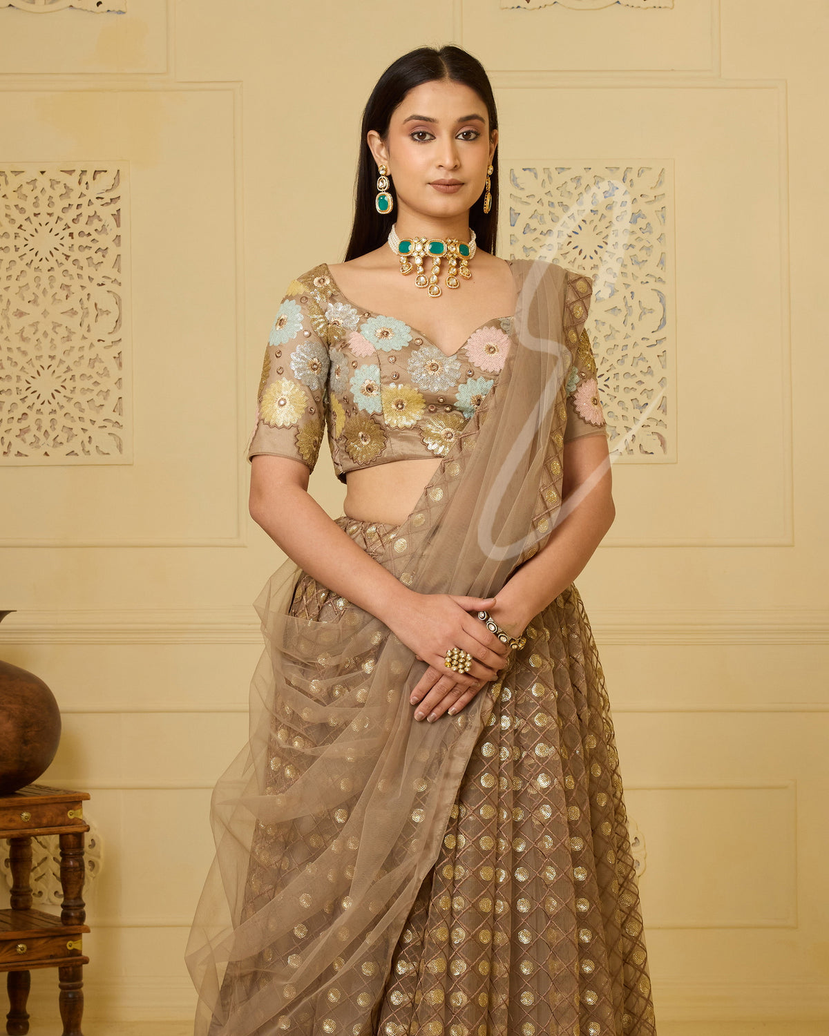 This biscuit-coloured lehenga