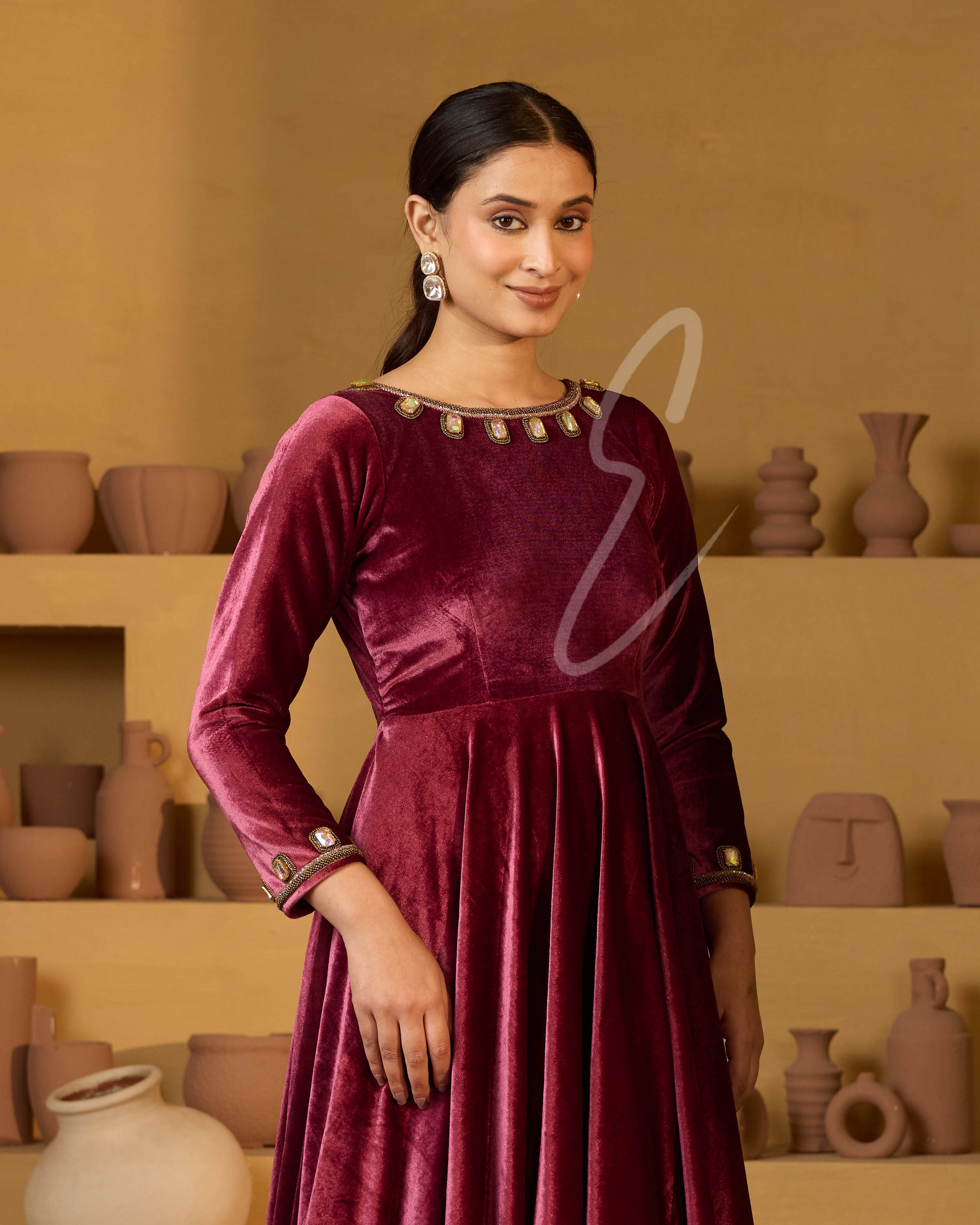 A rich onion pink velvet gown