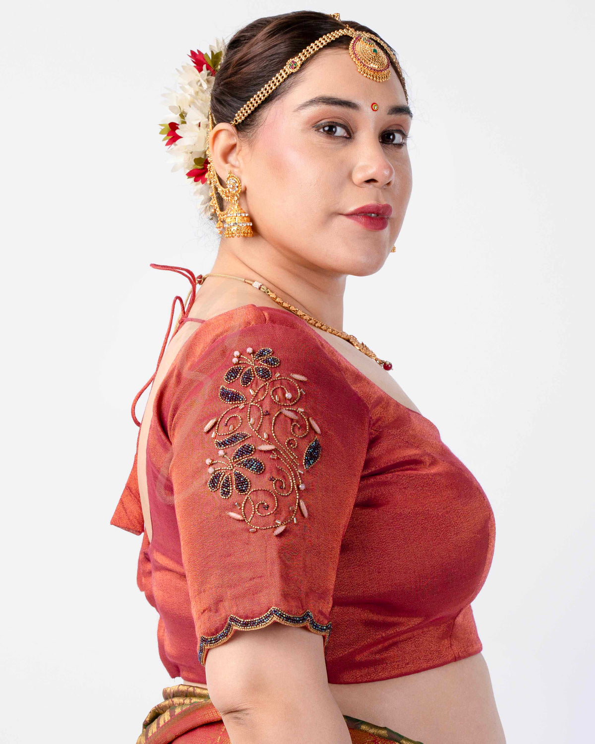 magenta tissue silk blouse designed in a princess-cut style