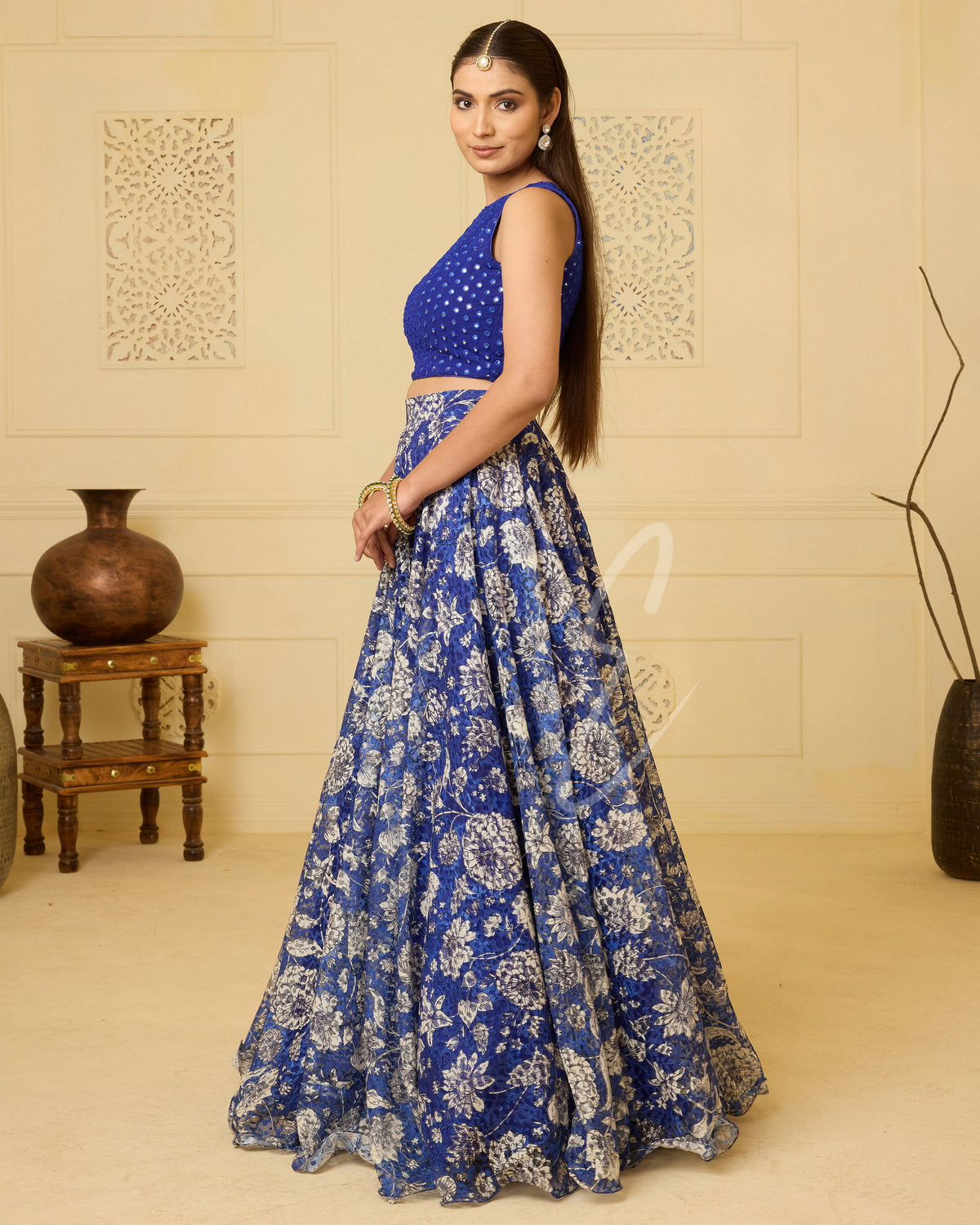Stunning Blue Ensemble Premium net Flared Skirt