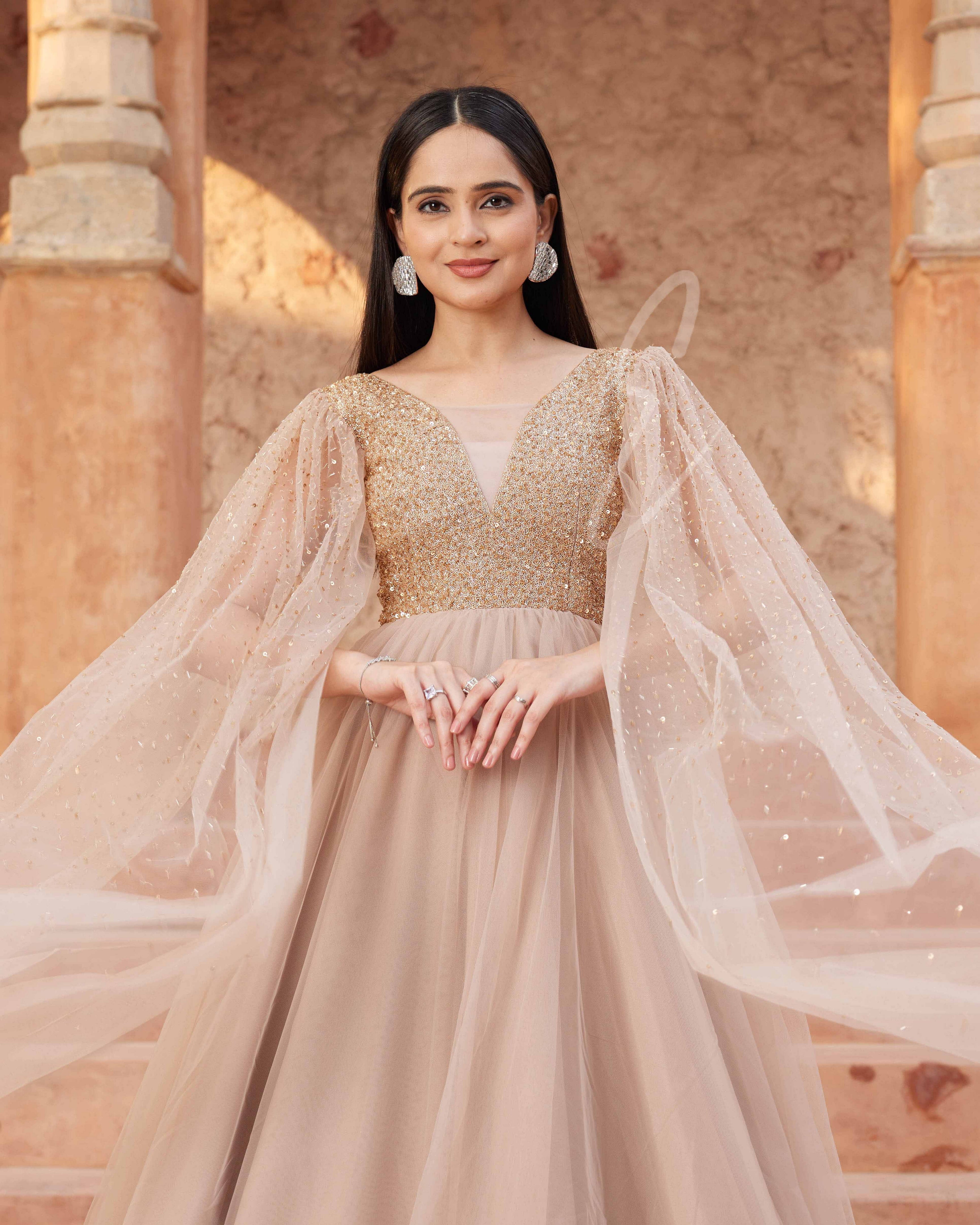 Nude Beige Flared Gown