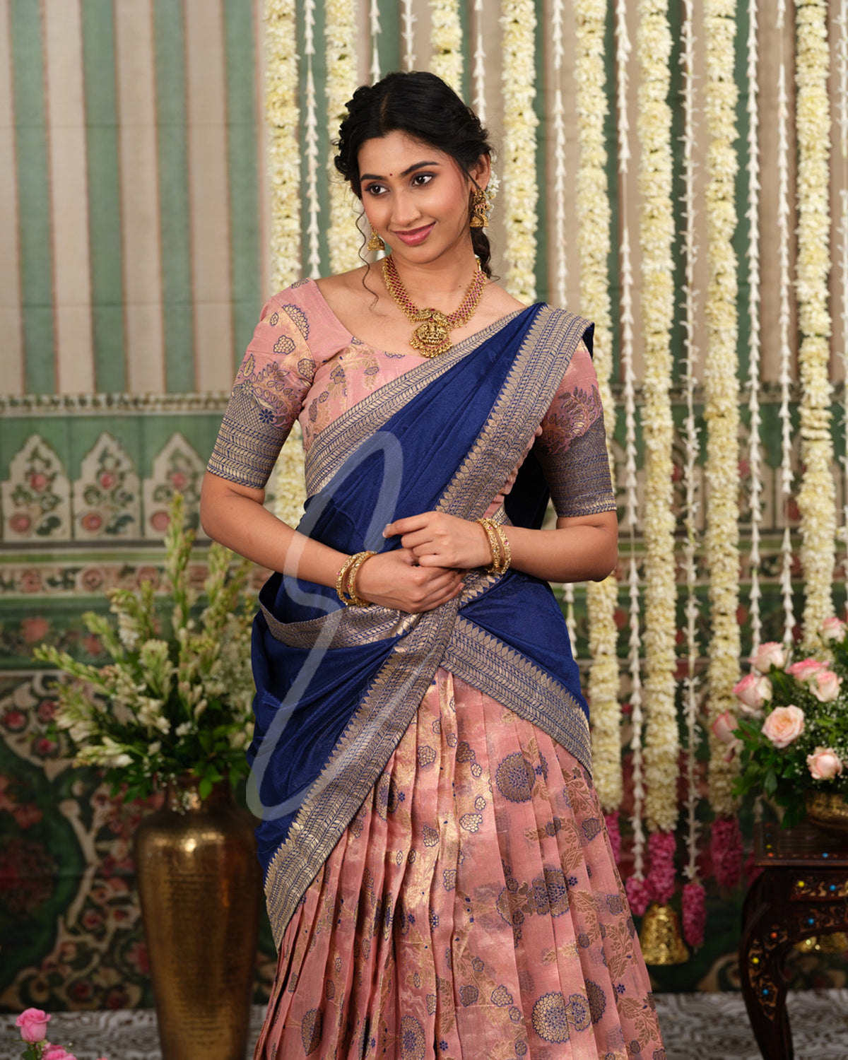 Delicate and stunning powder pink and dark blue Tissue Banarasi