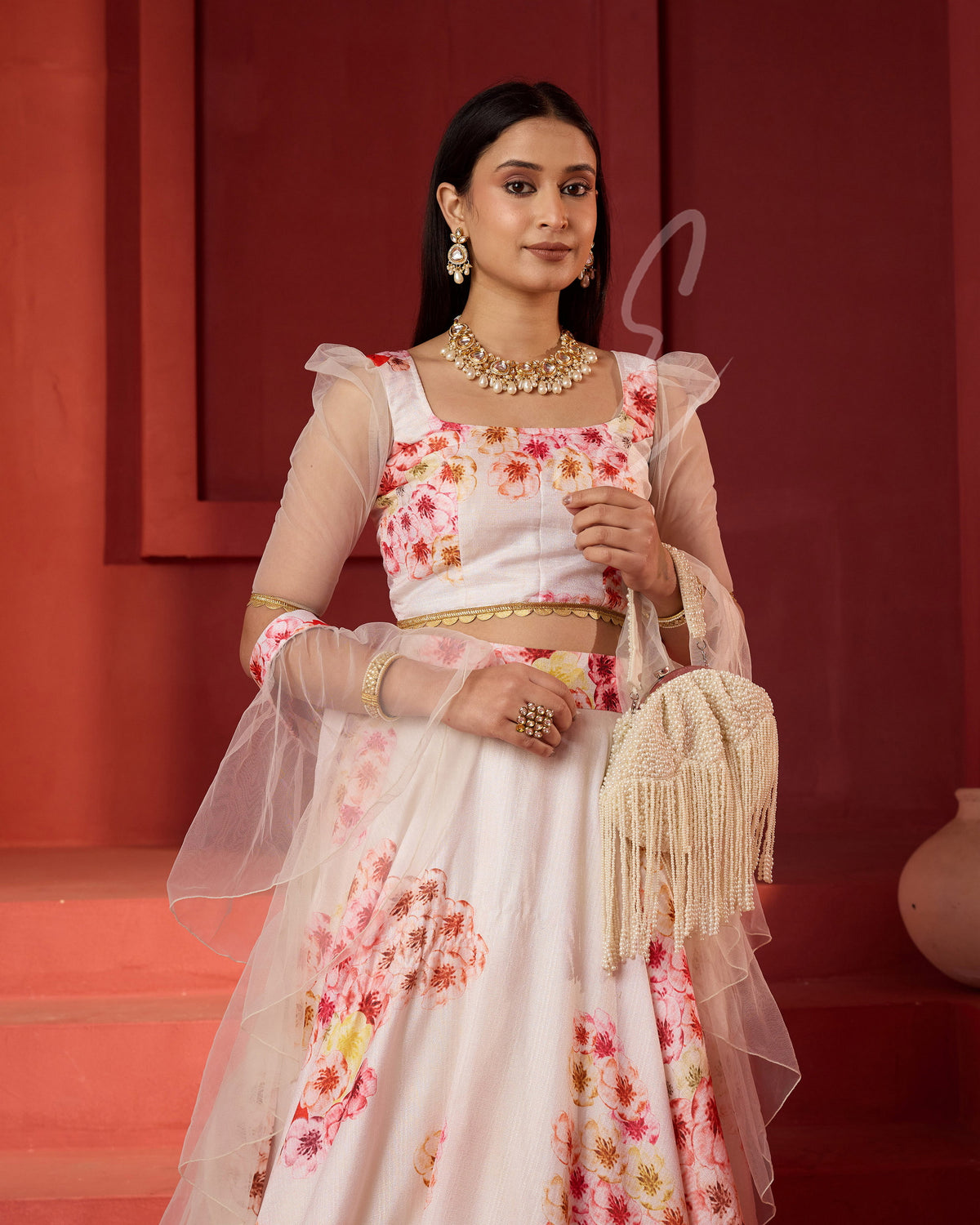 Cream-floral Lehenga