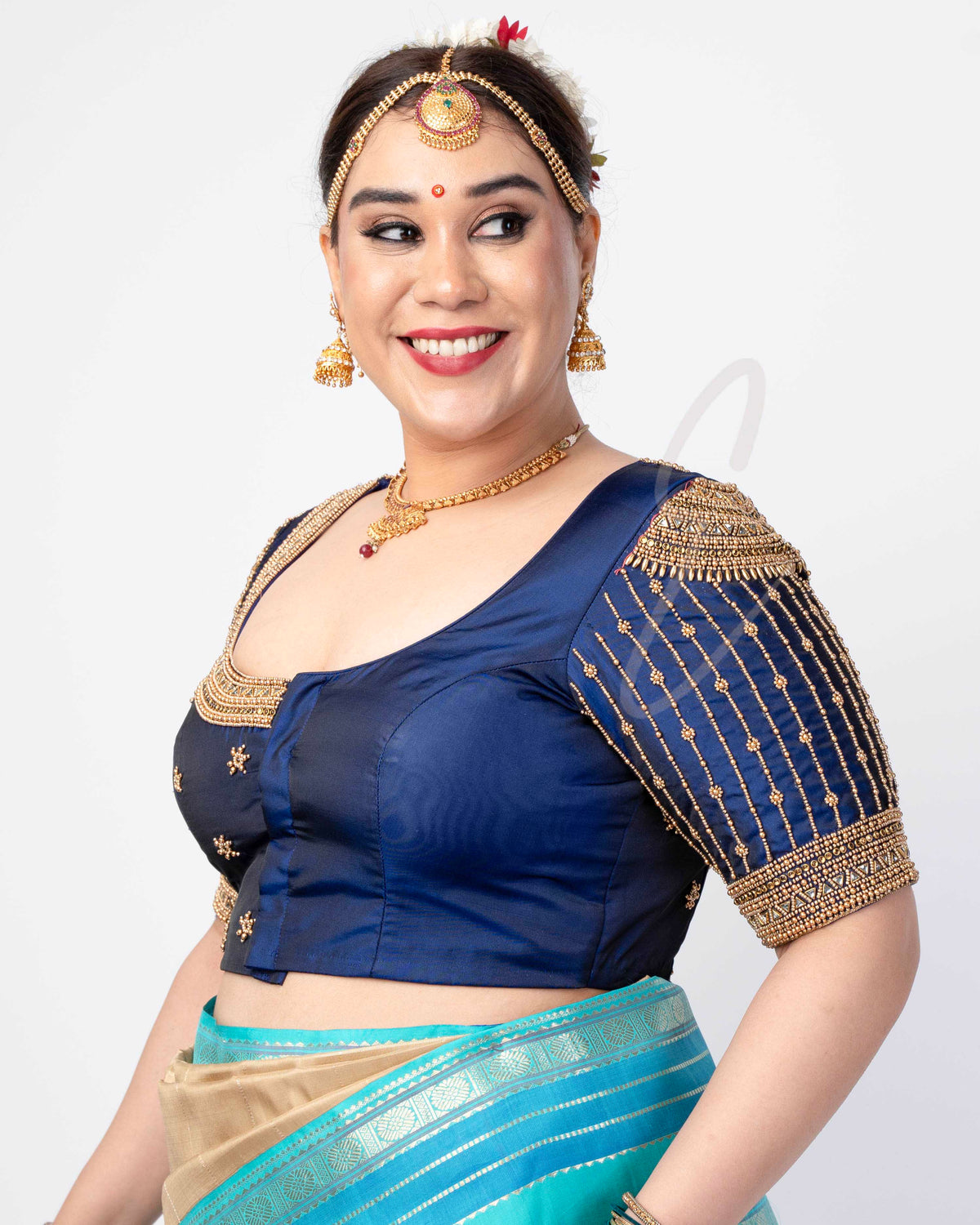 dark blue silk cotton blouse designed in a princess-cut style