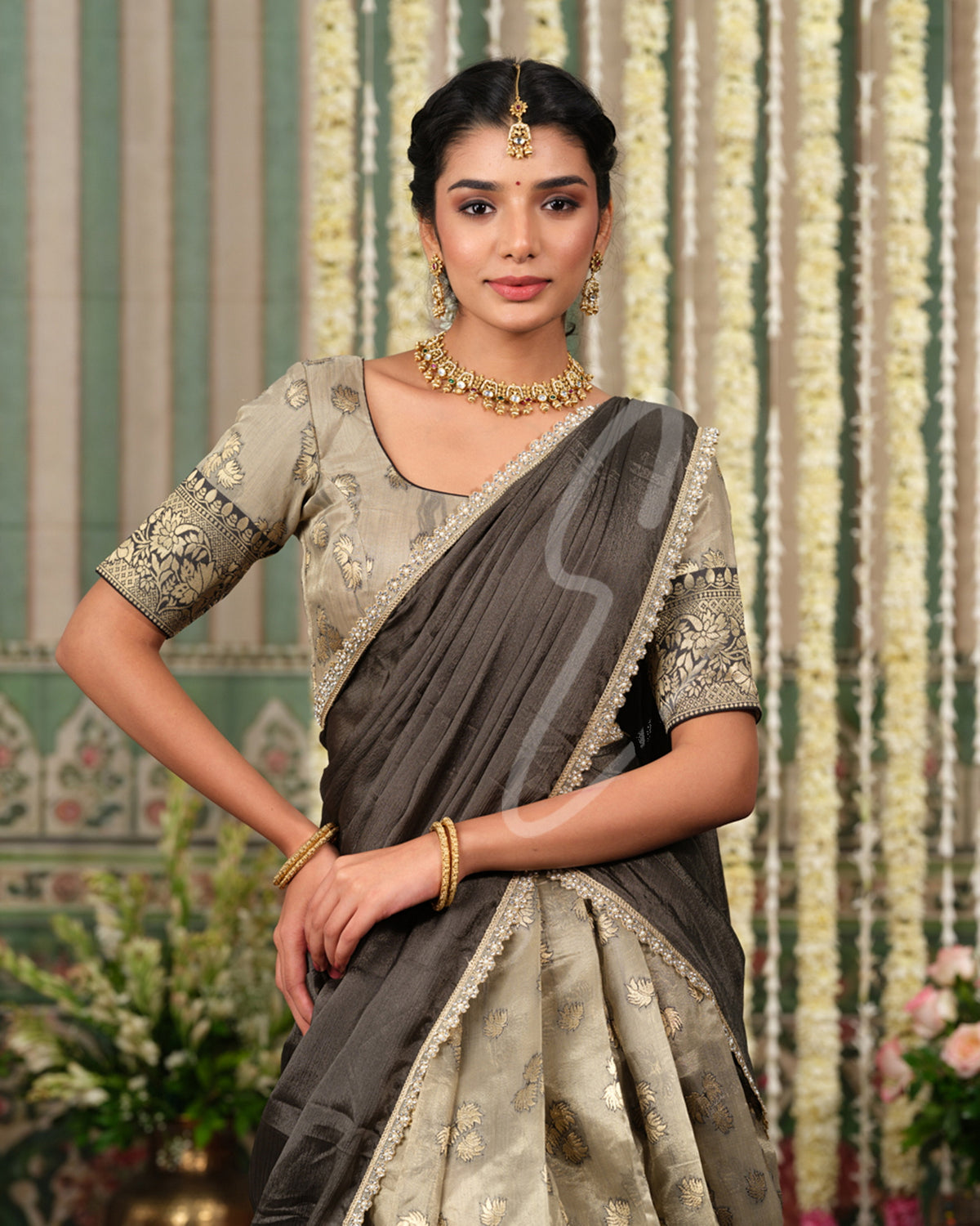 Luxurious golden and dark grey Tissue Banarasi outfit