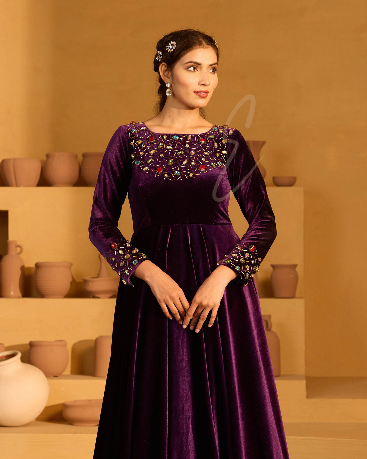 A deep violet velvet gown