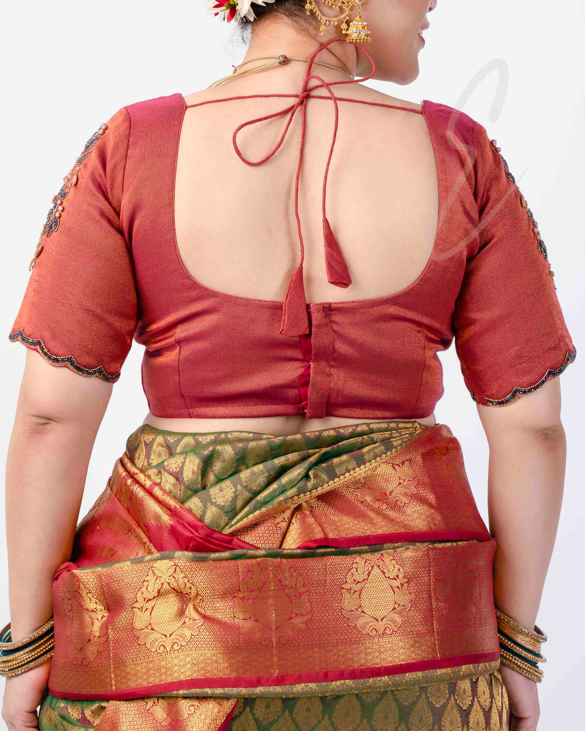 magenta tissue silk blouse designed in a princess-cut style