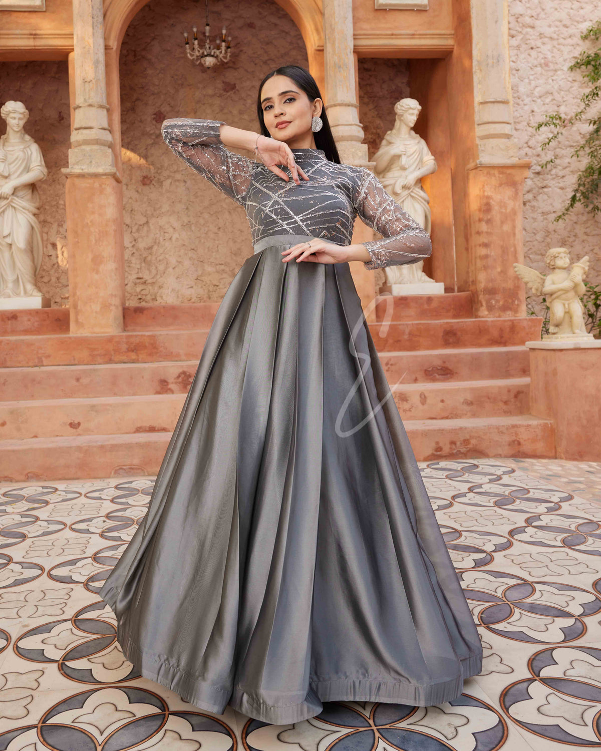 Grey Pleated Flared Gown