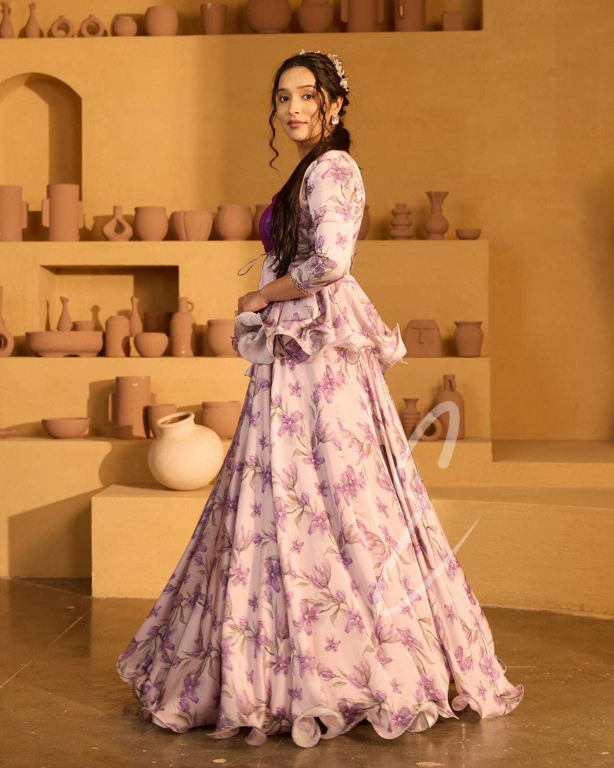 A lavender georgette satin skirt paired with a violet Banarasi silk blouse