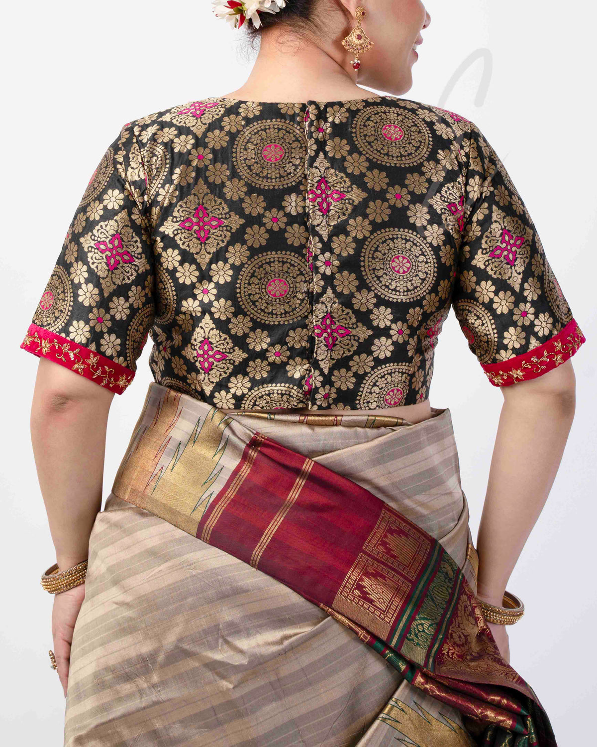 black Banarasi silk blouse crafted with raw silk and velvet