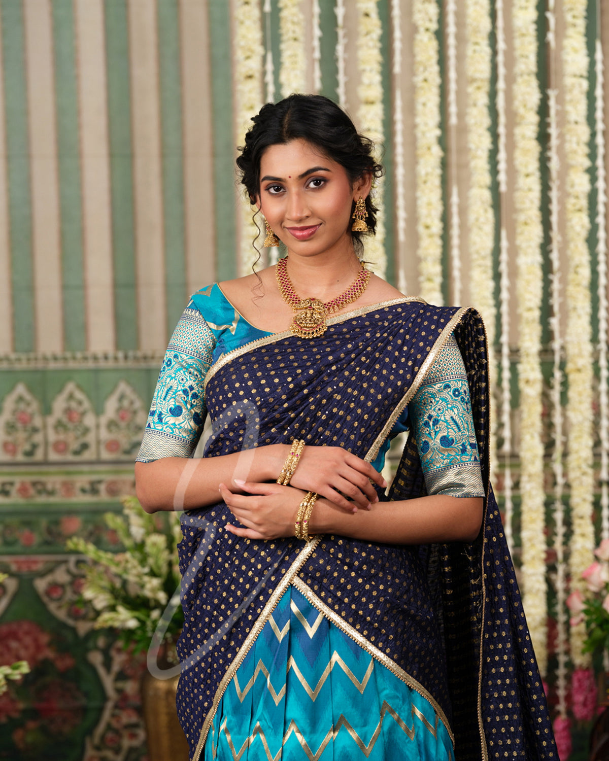 Luxurious Rama green and blue Banarasi silk outfit