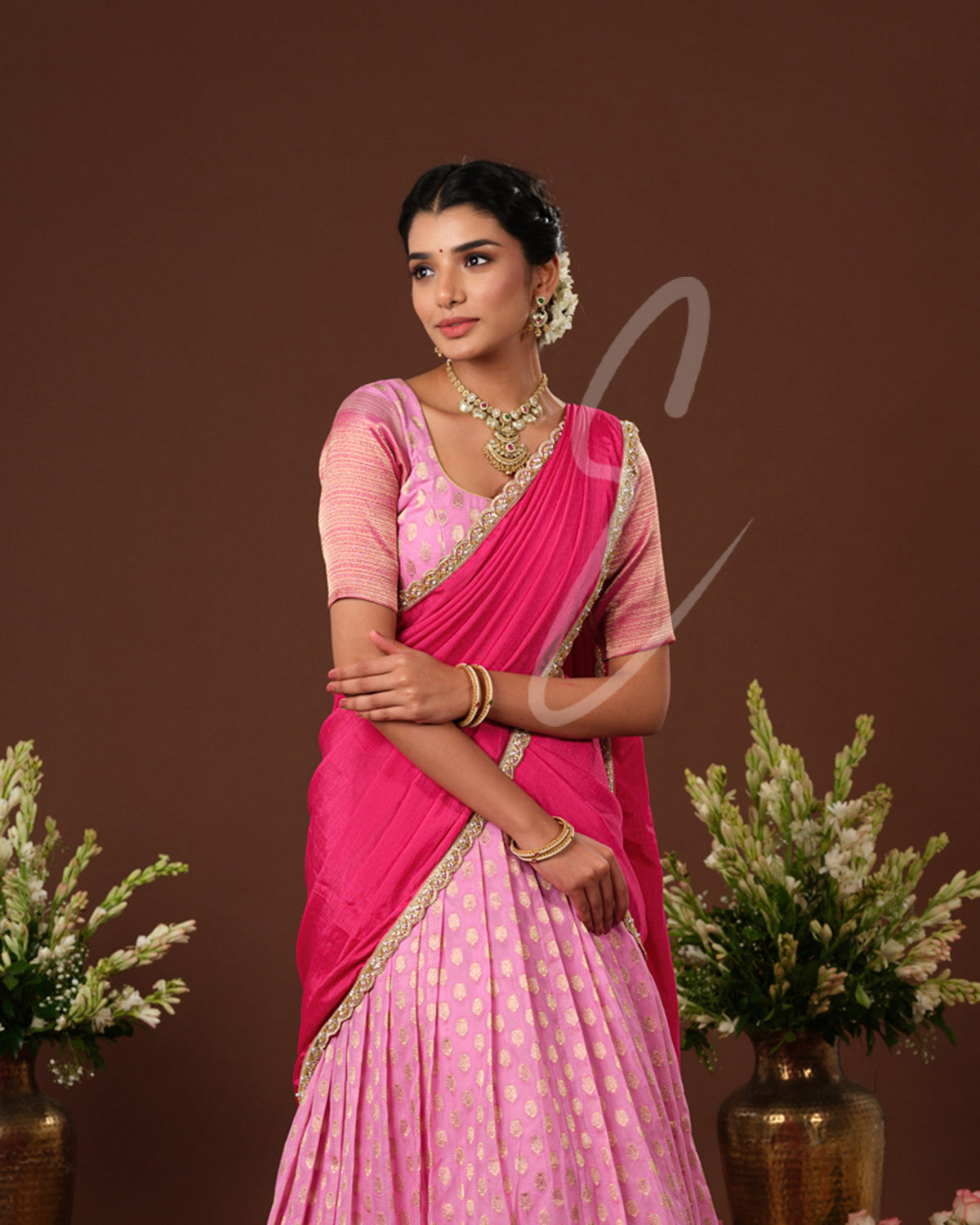 Soft and elegant light pink and dark pink Banarasi Georgette outfit