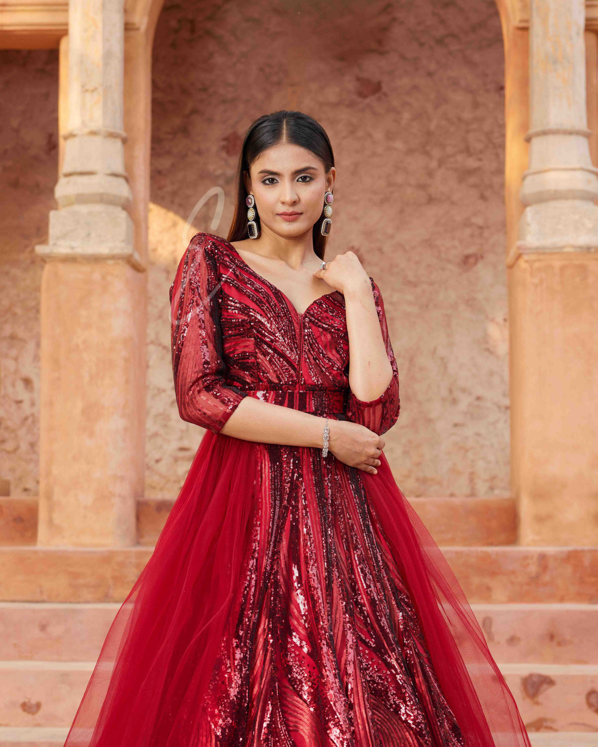 Maroon Flared Gown made from Premium Net Fabric